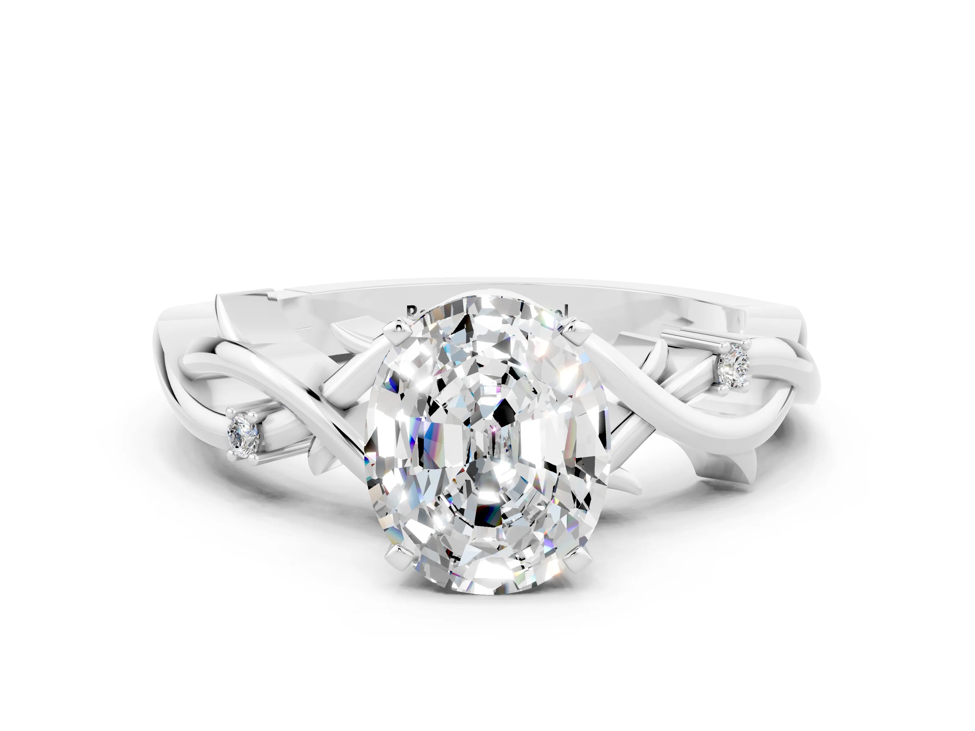 White gold Oval Cut Moissanite Solitaire Ring with Twisted Band and Prong Setting