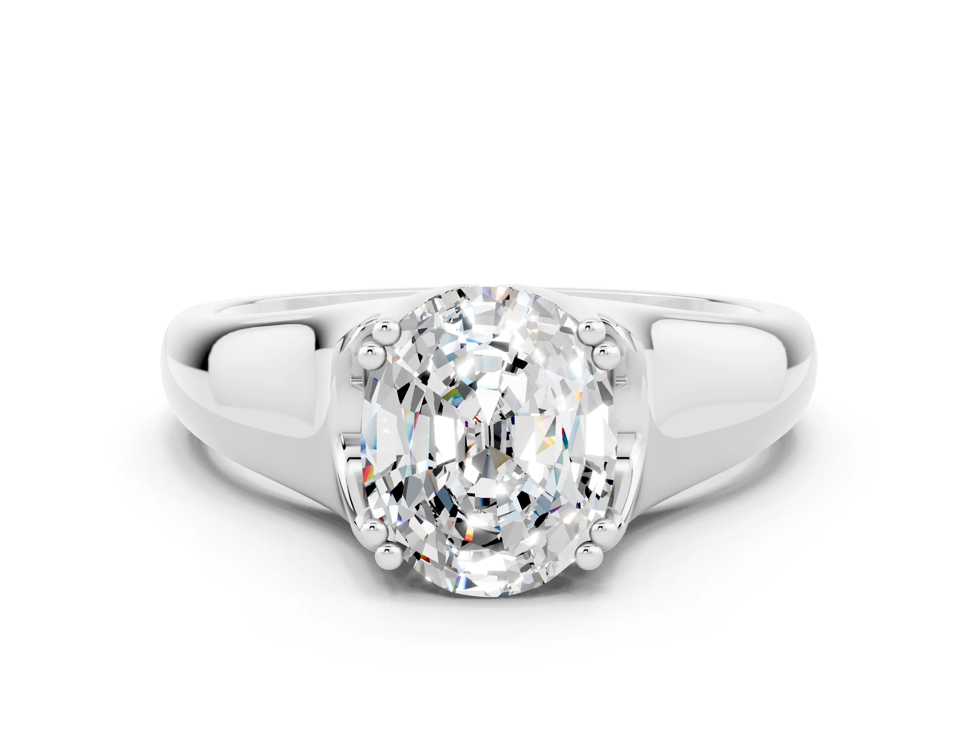 White gold Oval Cut Moissanite Solitaire Ring with Wide Band and Prong Setting