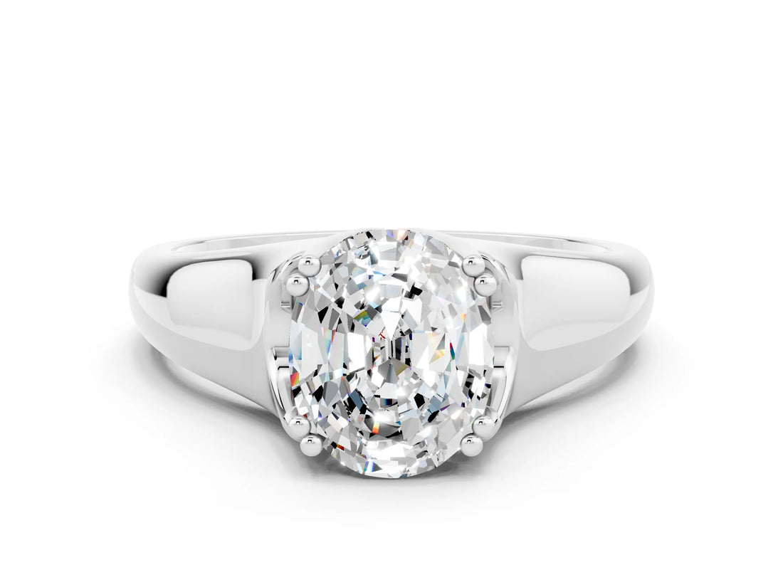 White gold Oval Cut Moissanite Solitaire Ring with Wide Band and Prong Setting