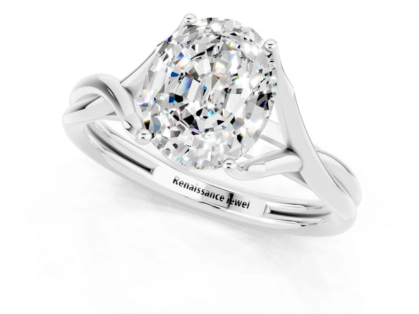 Silver Oval Cut Moissanite Solitaire Twist Band Prong Setting Ring