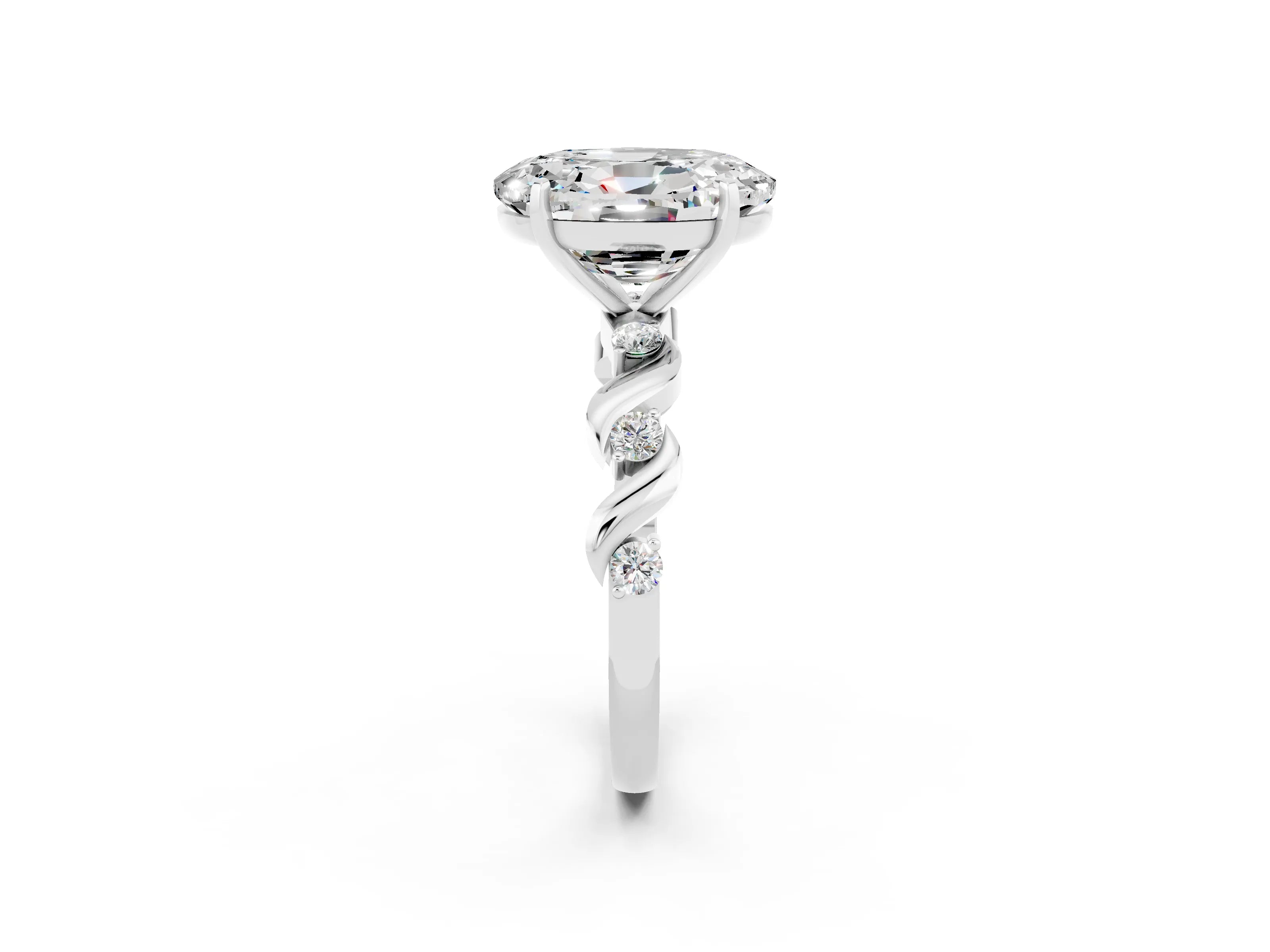 White gold Oval Cut Moissanite Solitaire Twisted Band with Round  Accents and Prong Setting_14