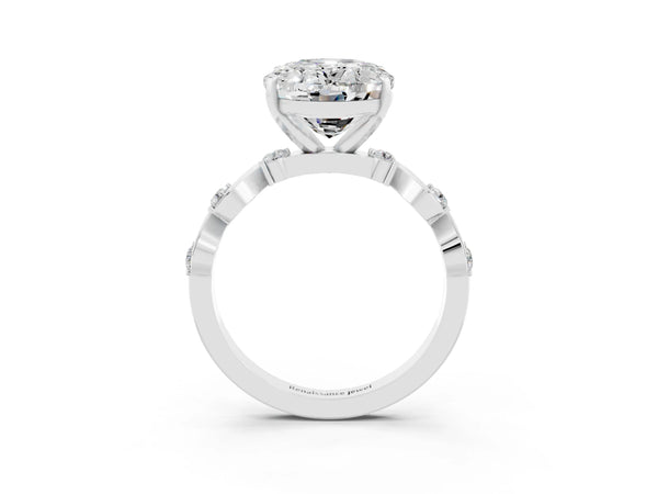 Silver Oval Cut Moissanite Solitaire Twisted Band with Round  Accents and Prong Setting