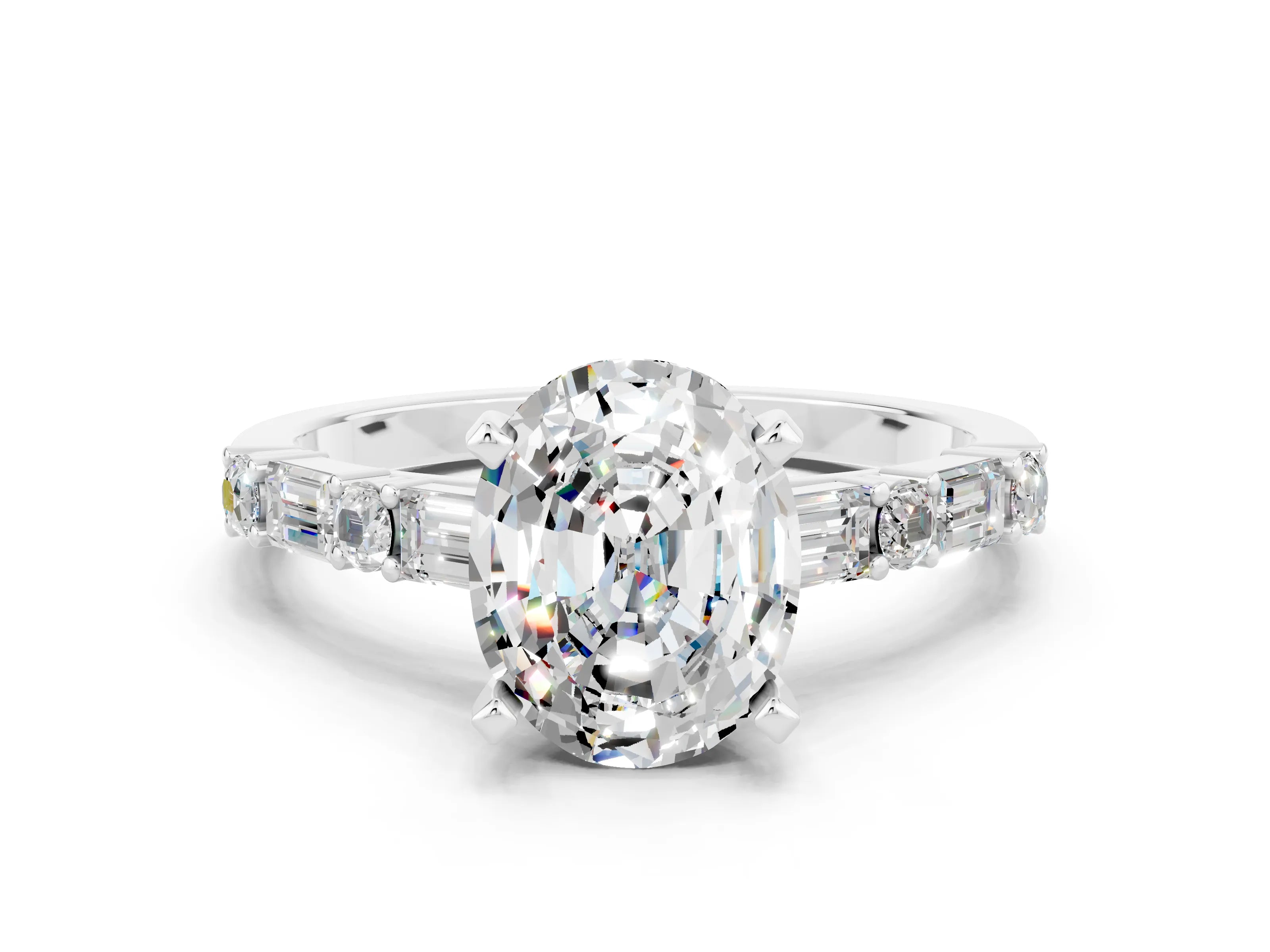 White gold Oval Cut Moissanite Solitaire with Side Baguettes and Channel Set Band