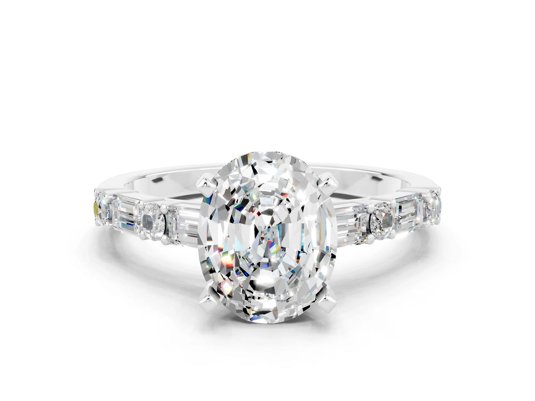 White gold Oval Cut Moissanite Solitaire with Side Baguettes and Channel Set Band