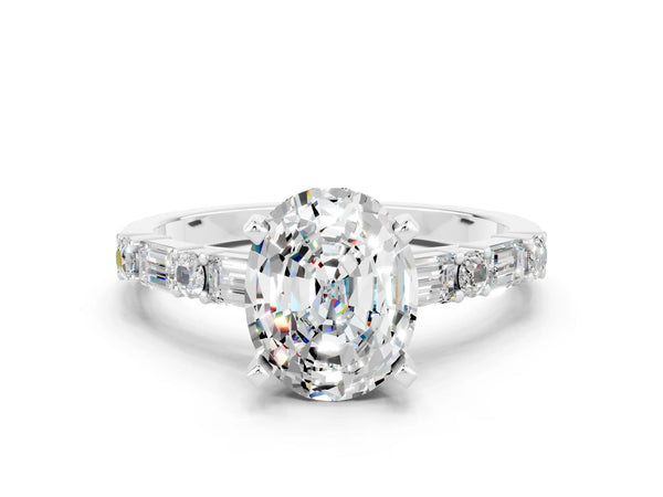 Platinum Oval Cut Moissanite Solitaire with Side Baguettes and Channel Set Band