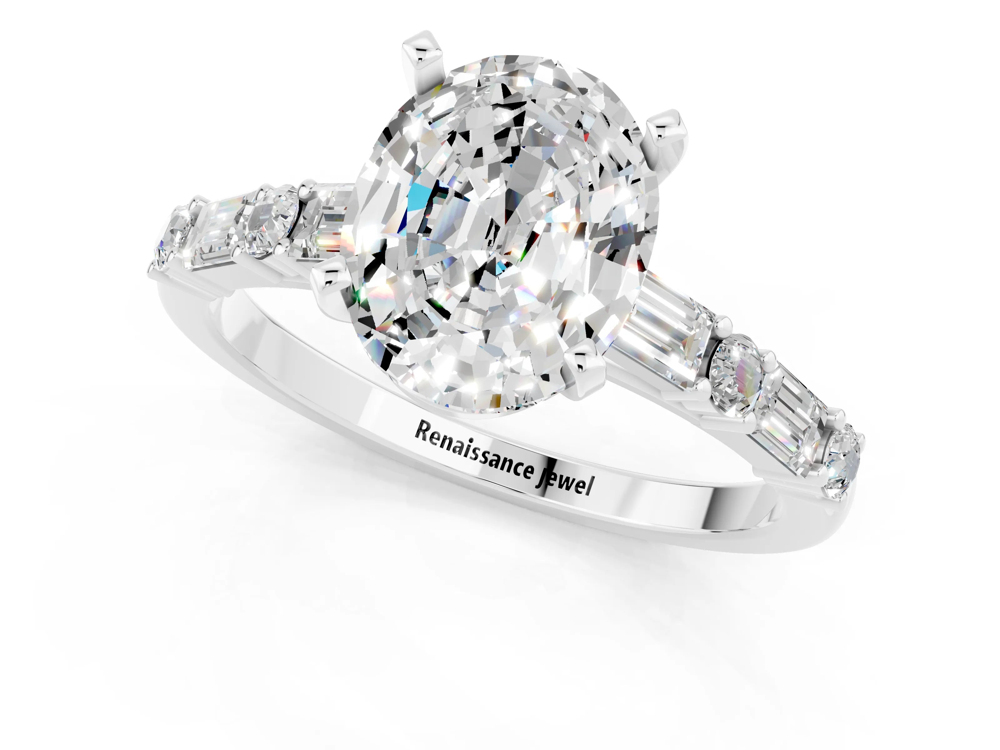 White gold Oval Cut Moissanite Solitaire with Side Baguettes and Channel Set Band_1