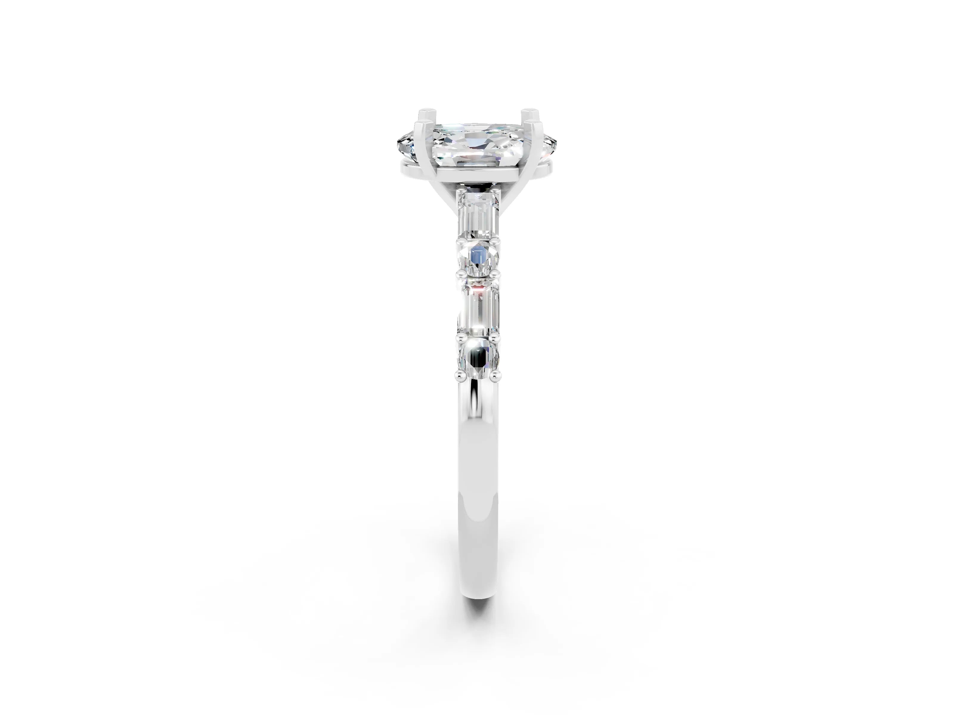 White gold Oval Cut Moissanite Solitaire with Side Baguettes and Channel Set Band_2