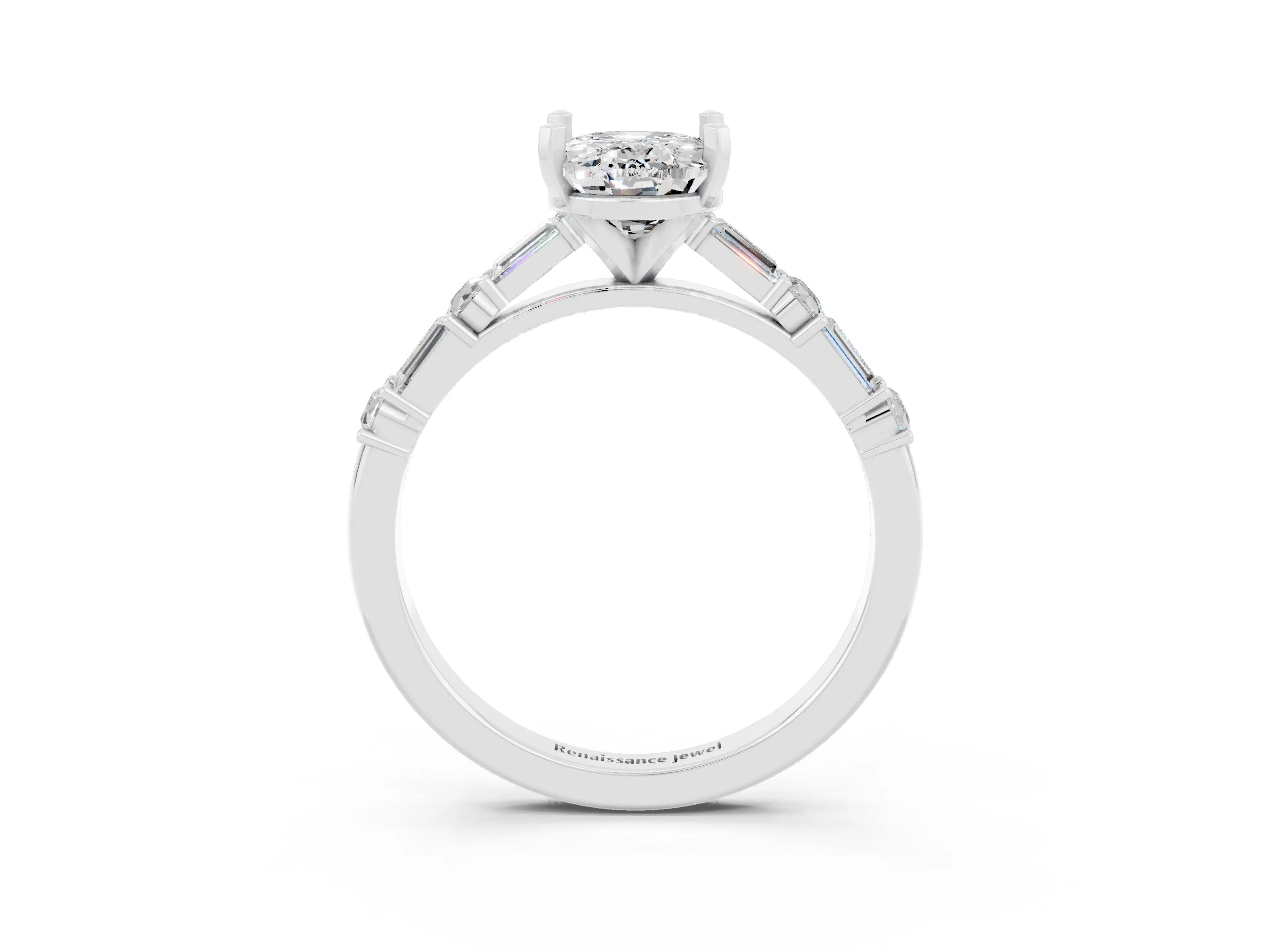 White gold Oval Cut Moissanite Solitaire with Side Baguettes and Channel Set Band_3