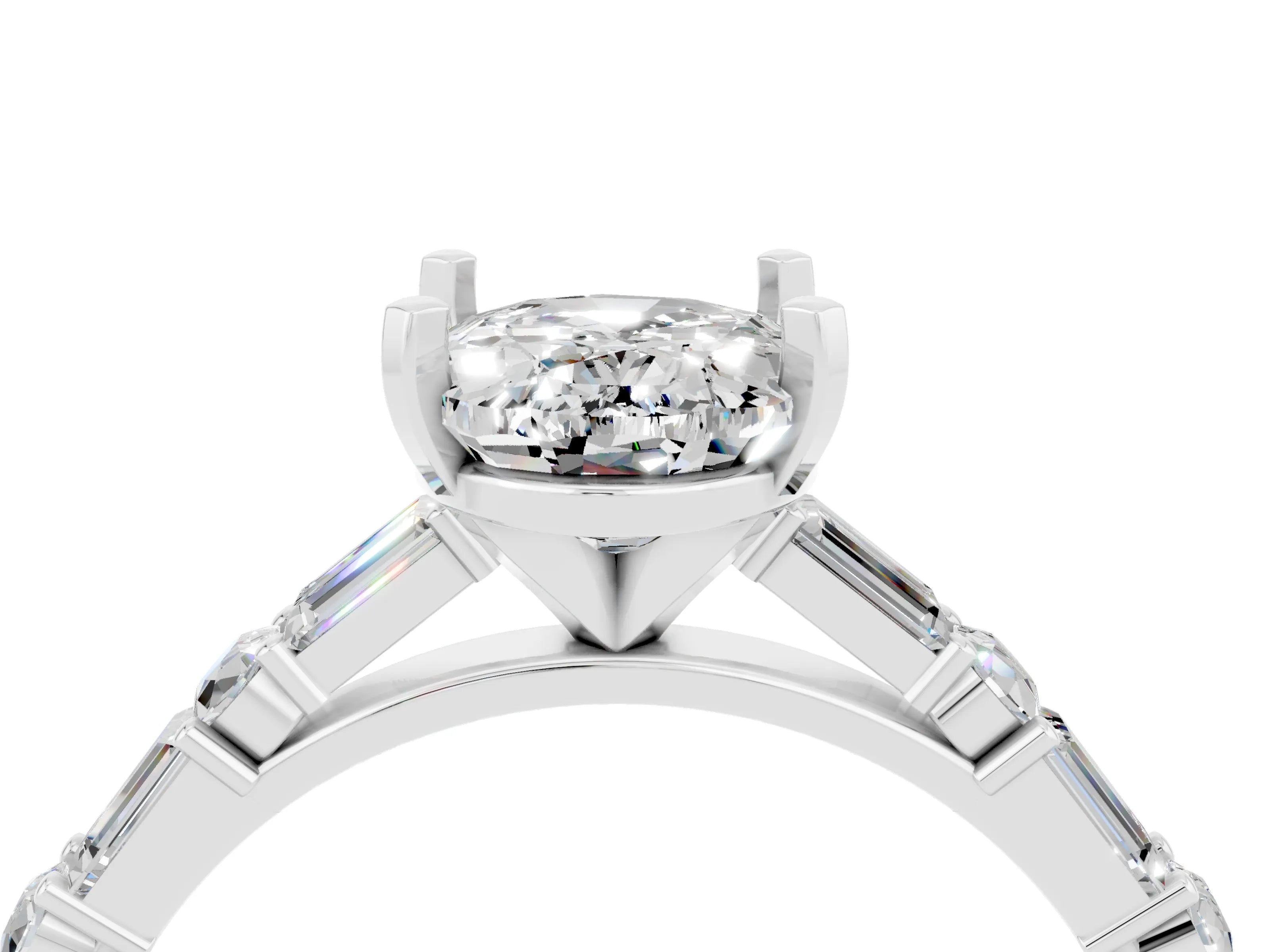 White gold Oval Cut Moissanite Solitaire with Side Baguettes and Channel Set Band_4