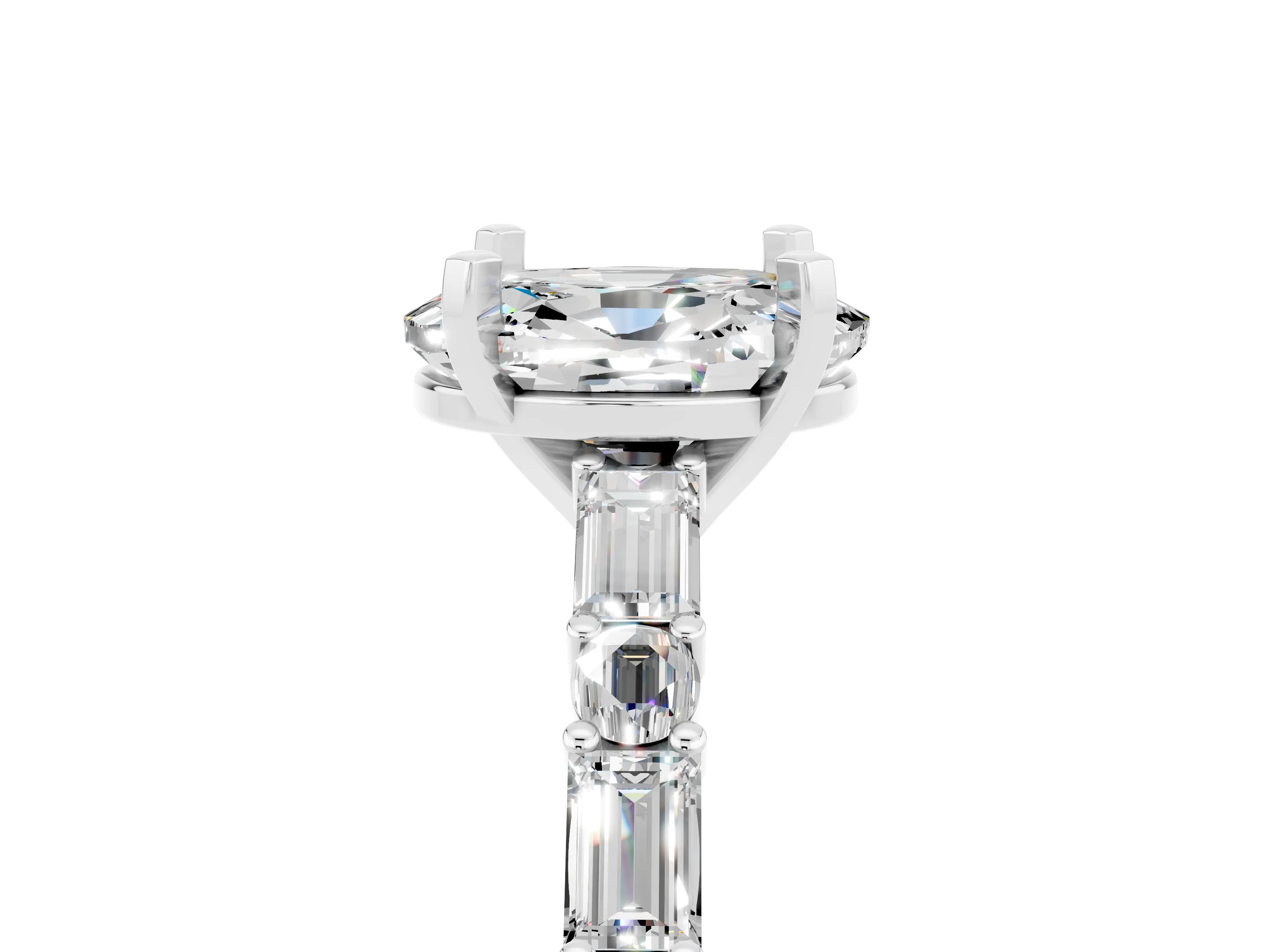 White gold Oval Cut Moissanite Solitaire with Side Baguettes and Channel Set Band_5