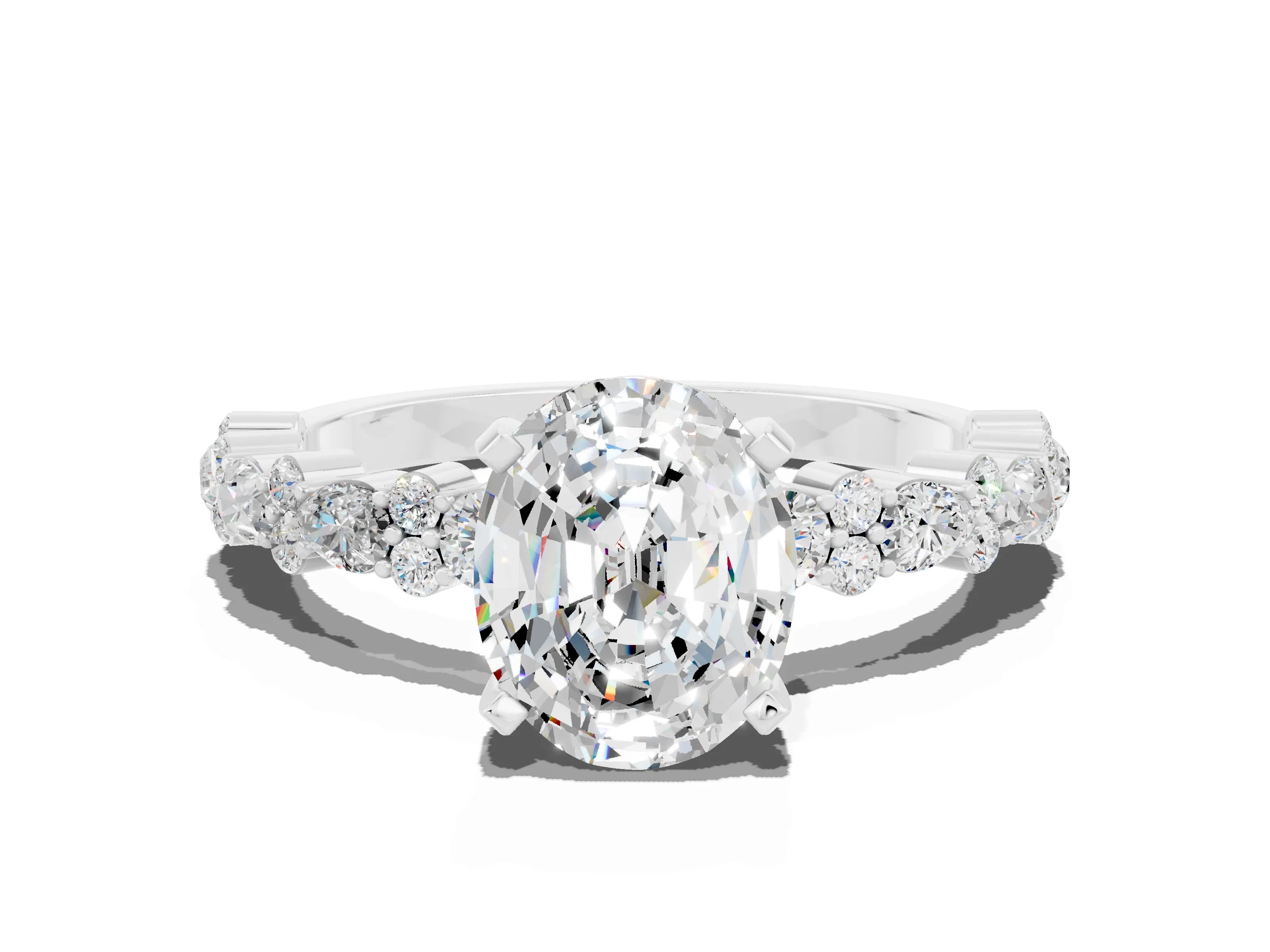 White gold Oval Cut Moissanite Solitaire with Side Stones, Pave Band, Four-Prong Setting_57