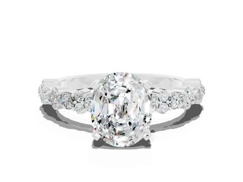 White gold Oval Cut Moissanite Solitaire with Side Stones, Pave Band, Four-Prong Setting_57