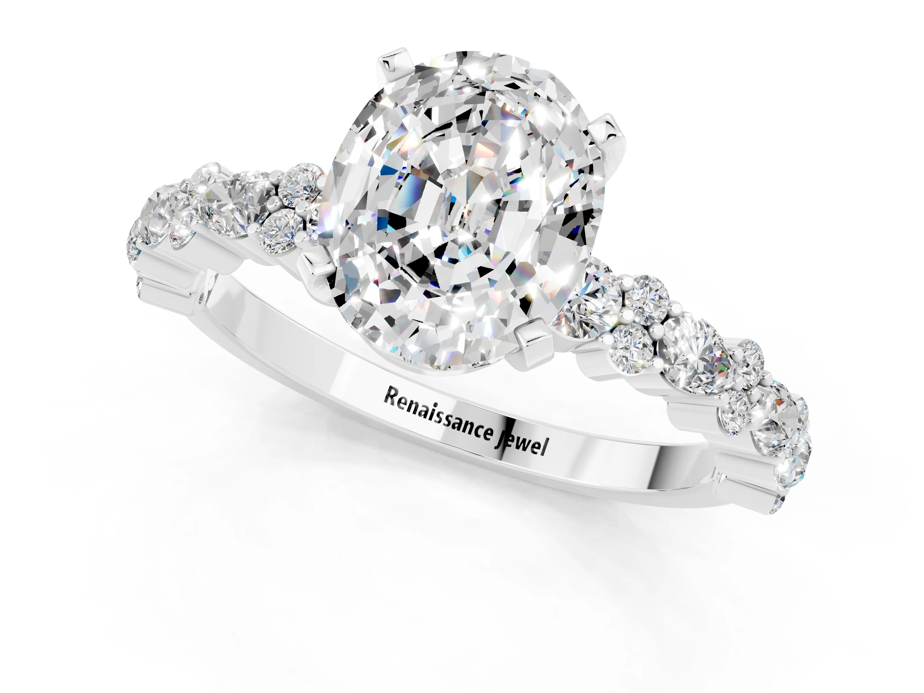 White gold Oval Cut Moissanite Solitaire with Side Stones, Pave Band, Four-Prong Setting_58
