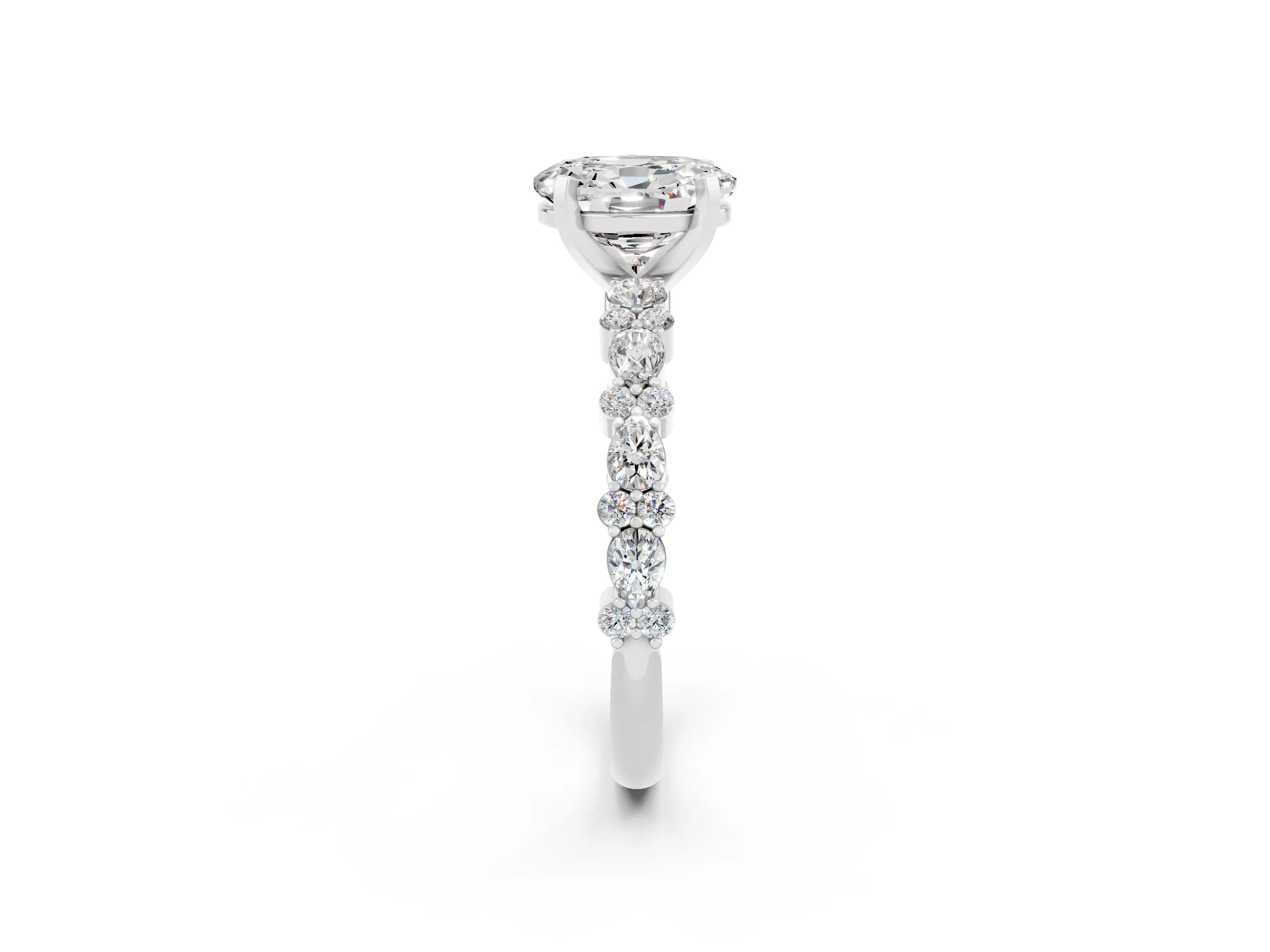 White gold Oval Cut Moissanite Solitaire with Side Stones, Pave Band, Four-Prong Setting_59