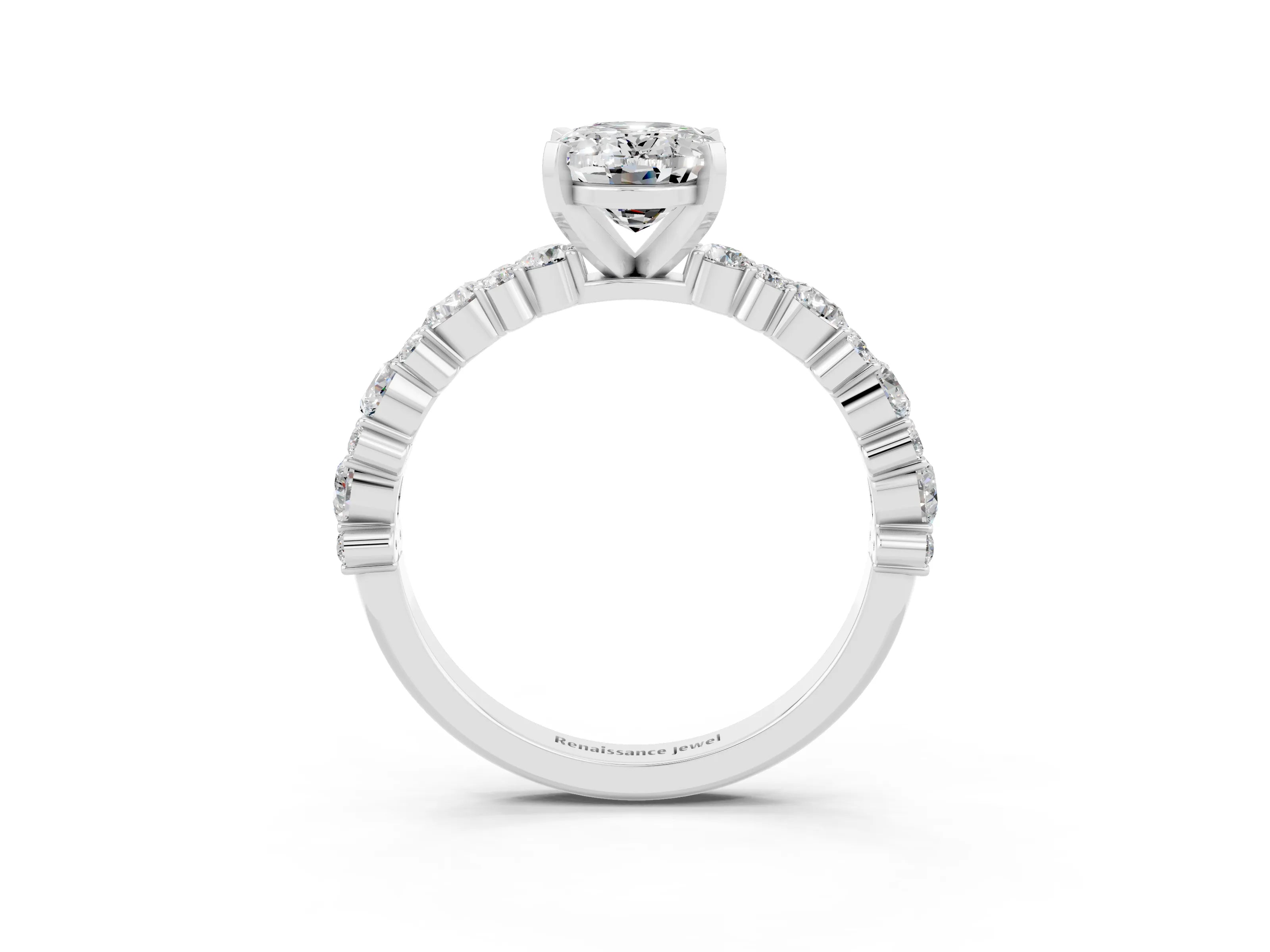 White gold Oval Cut Moissanite Solitaire with Side Stones, Pave Band, Four-Prong Setting_60