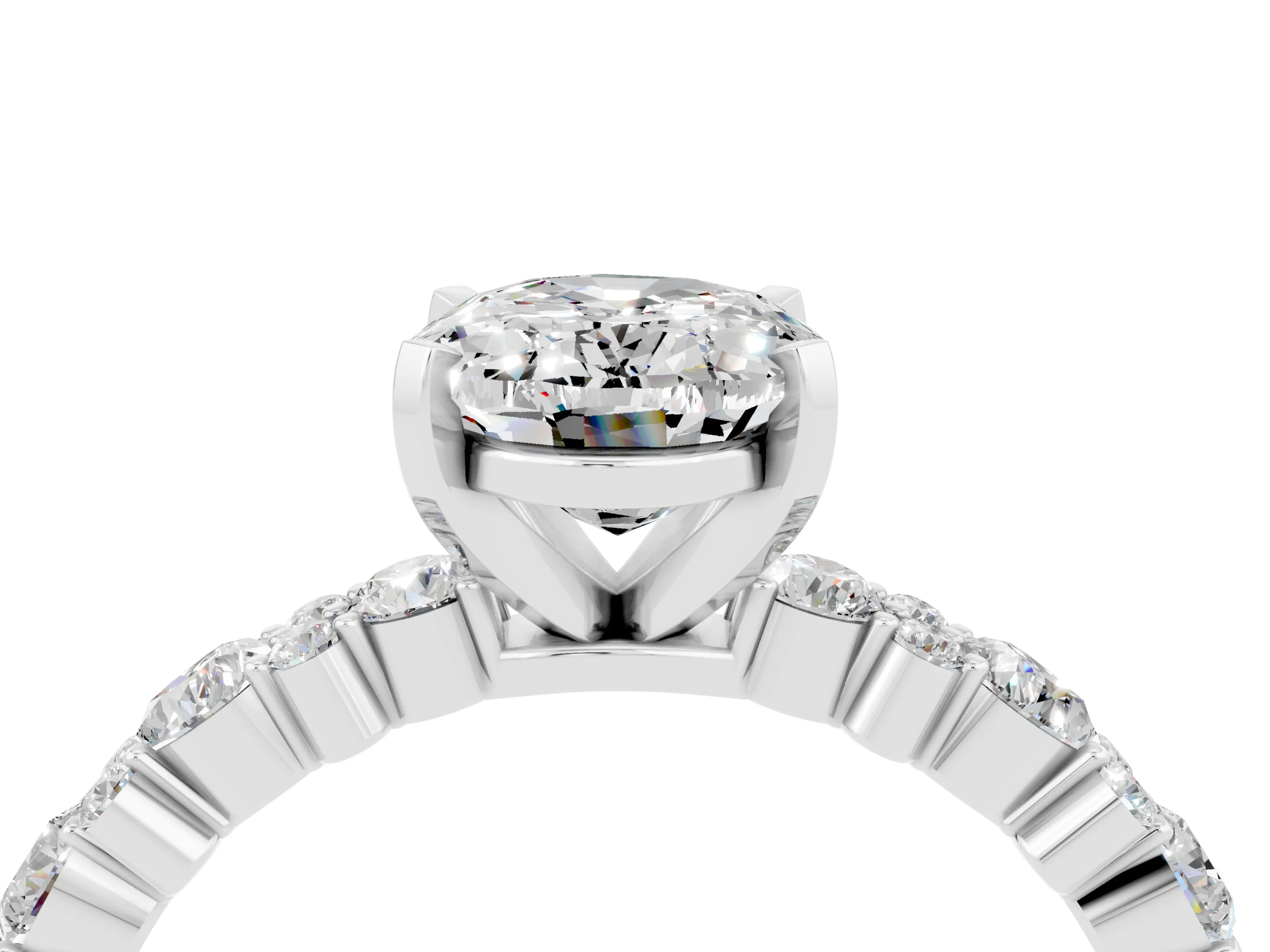 White gold Oval Cut Moissanite Solitaire with Side Stones, Pave Band, Four-Prong Setting_61