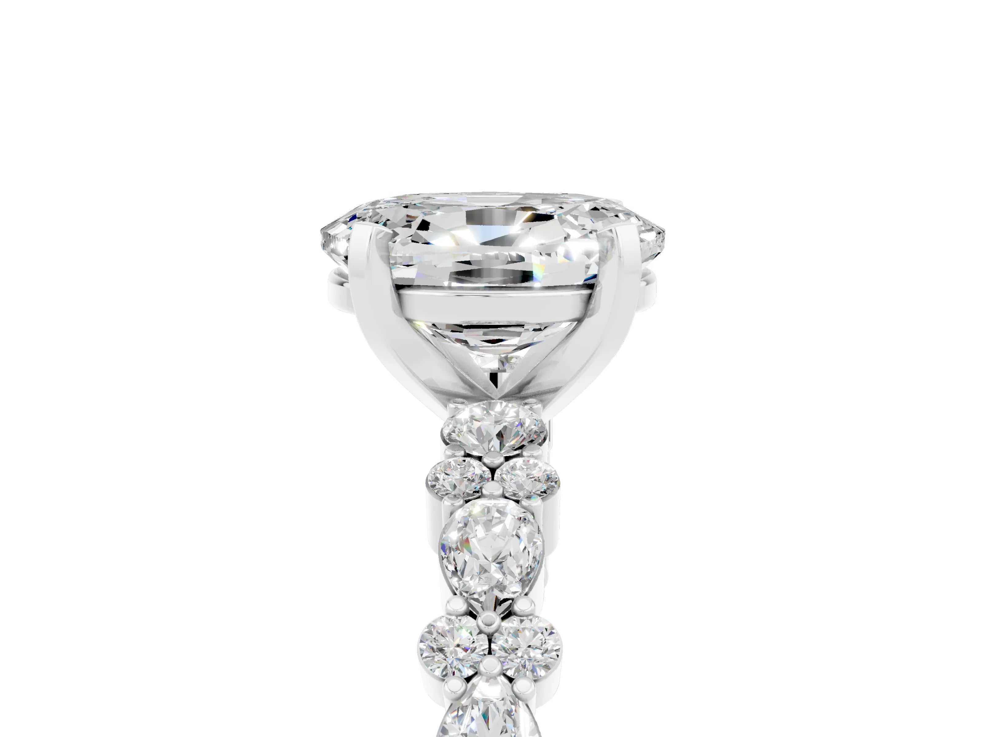 White gold Oval Cut Moissanite Solitaire with Side Stones, Pave Band, Four-Prong Setting_62