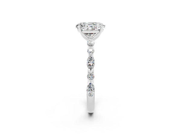 Platinum Oval Cut Moissanite Ring with Marquise and Round  Side Stones and Four-Prong Setting