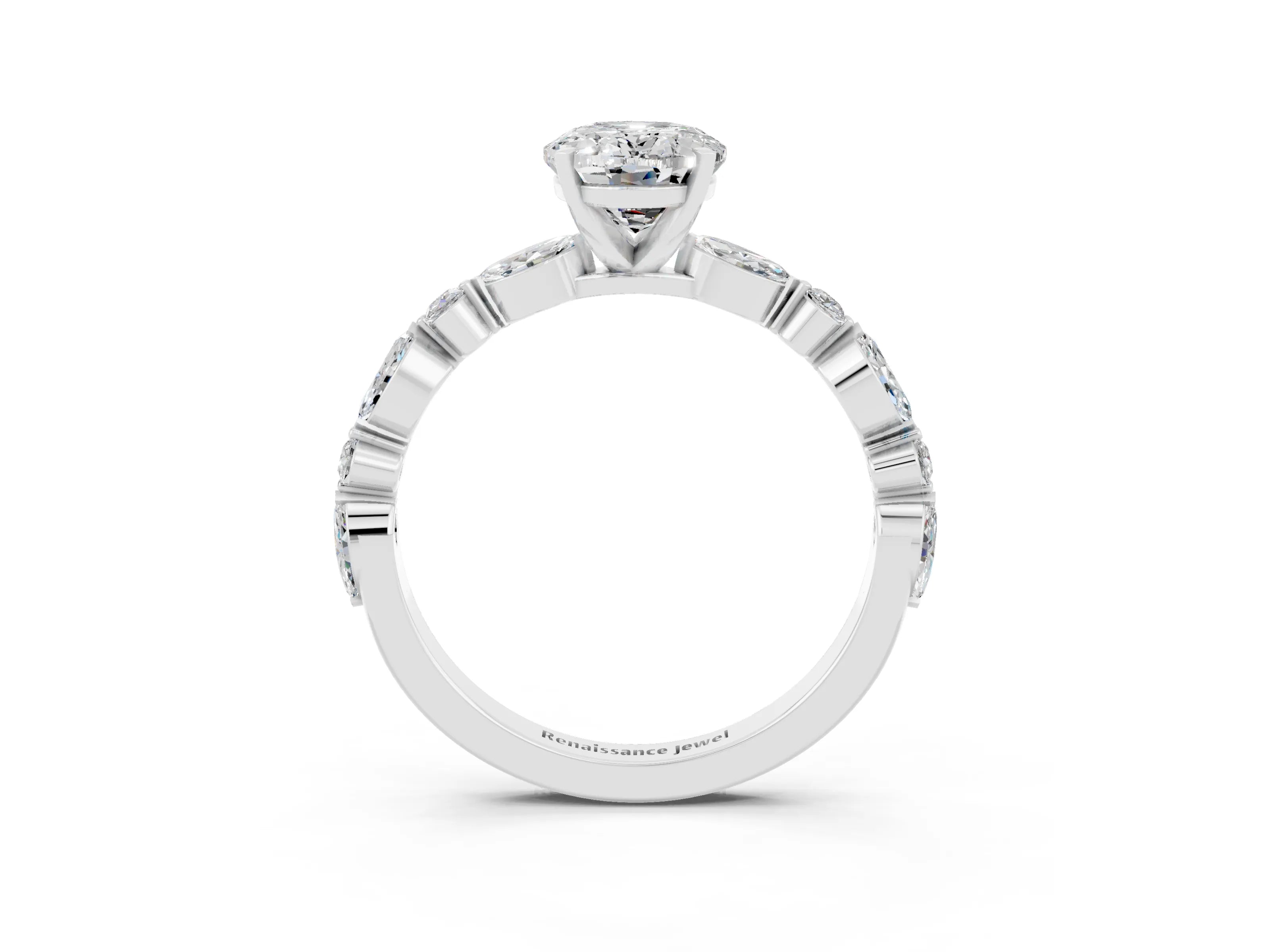 White gold Oval Cut Moissanite Solitaire with Side Stones on a Pavé Band and Four-Prong Setting_3