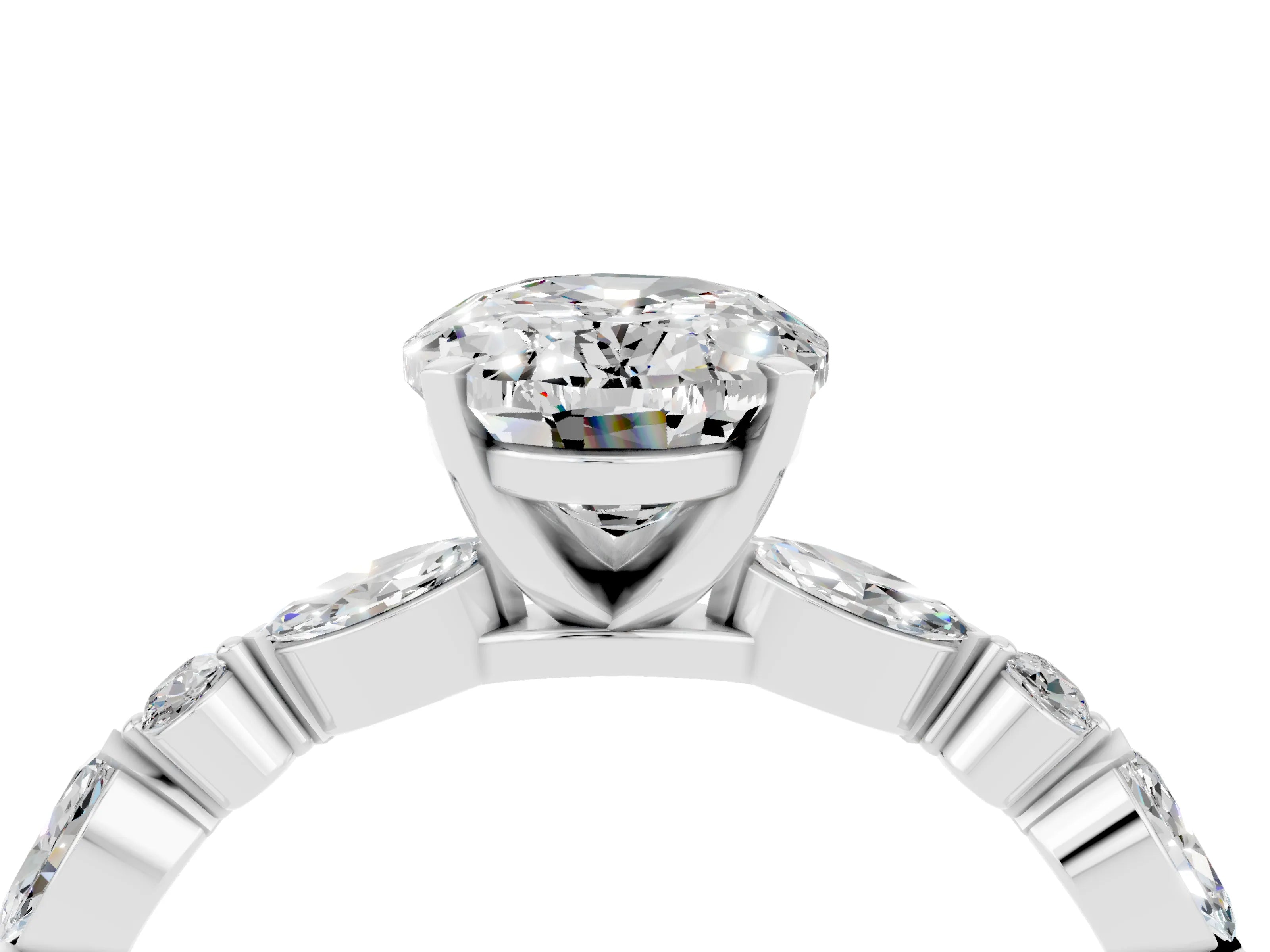 White gold Oval Cut Moissanite Solitaire with Side Stones on a Pavé Band and Four-Prong Setting_4