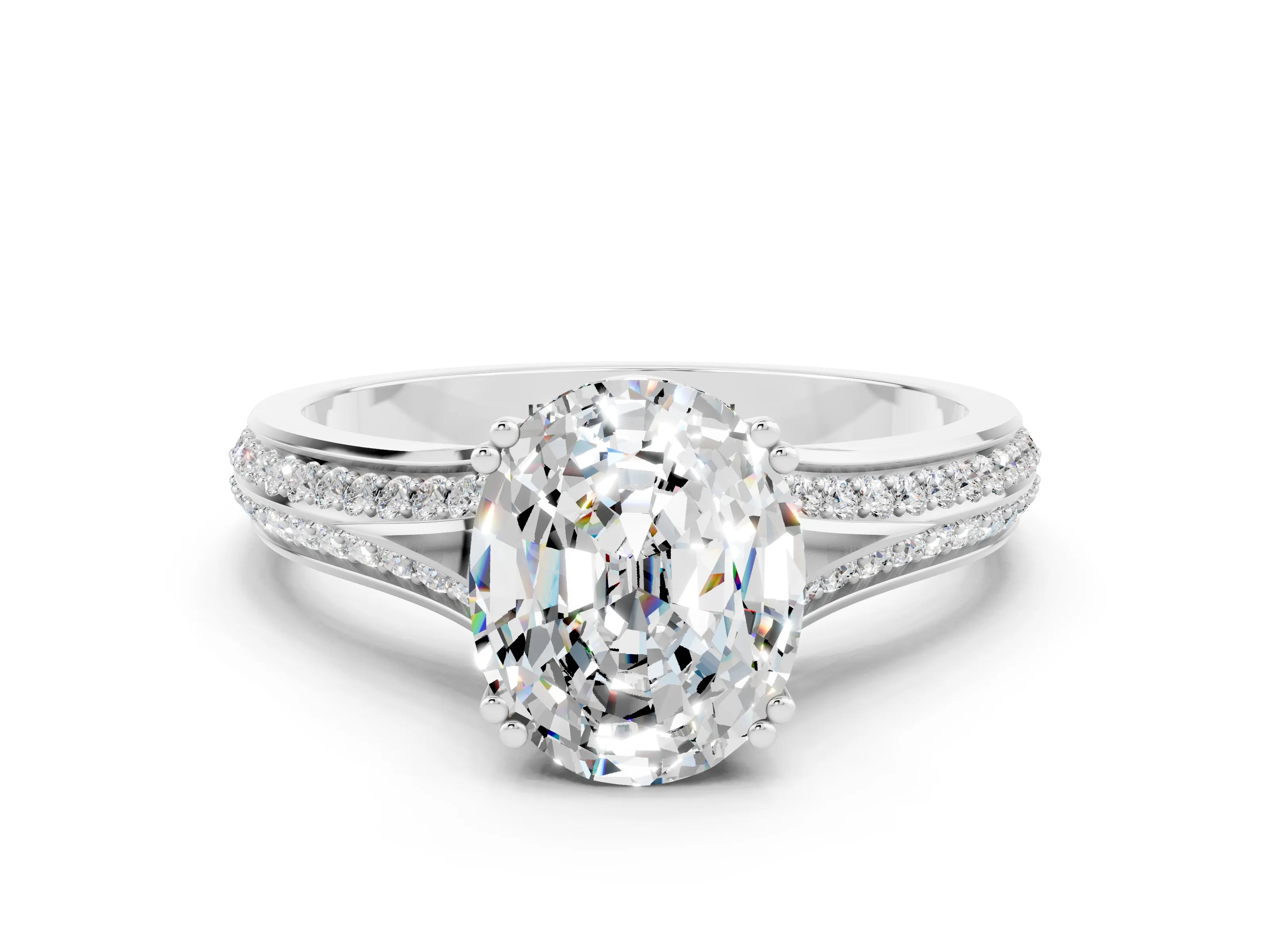 White gold Oval Cut Moissanite Split Shank Engagement Ring with Pavé Band