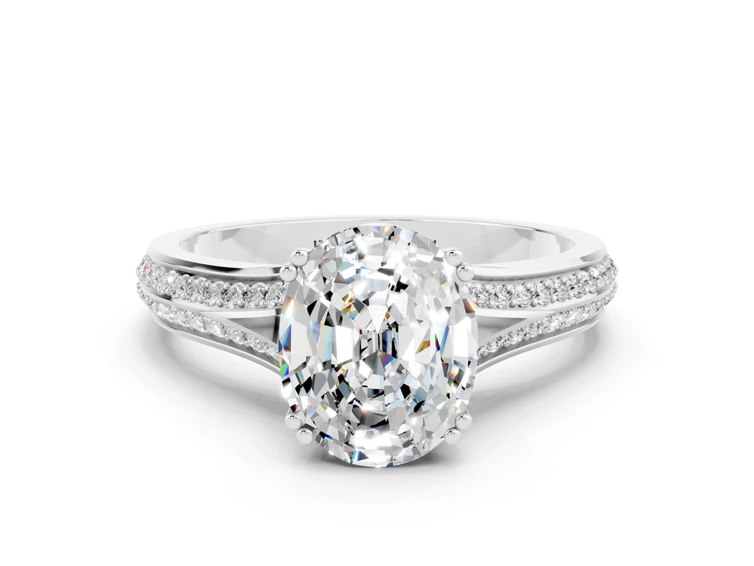 White gold Oval Cut Moissanite Split Shank Engagement Ring with Pavé Band