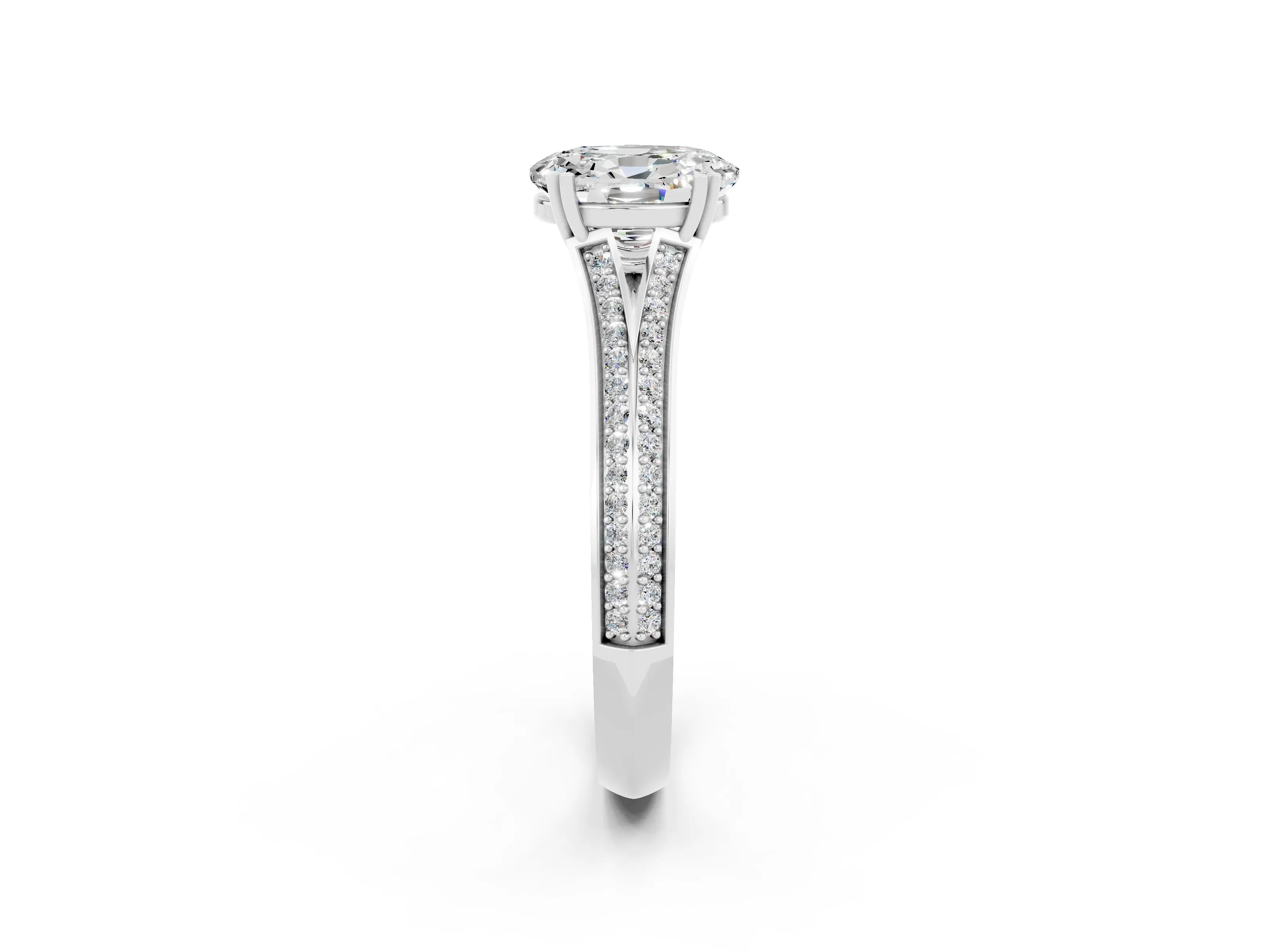 White gold Oval Cut Moissanite Split Shank Engagement Ring with Pavé Band_2
