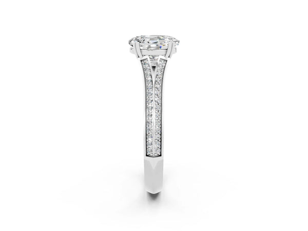 Silver Oval Cut Moissanite Split Shank Engagement Ring with Pavé Band