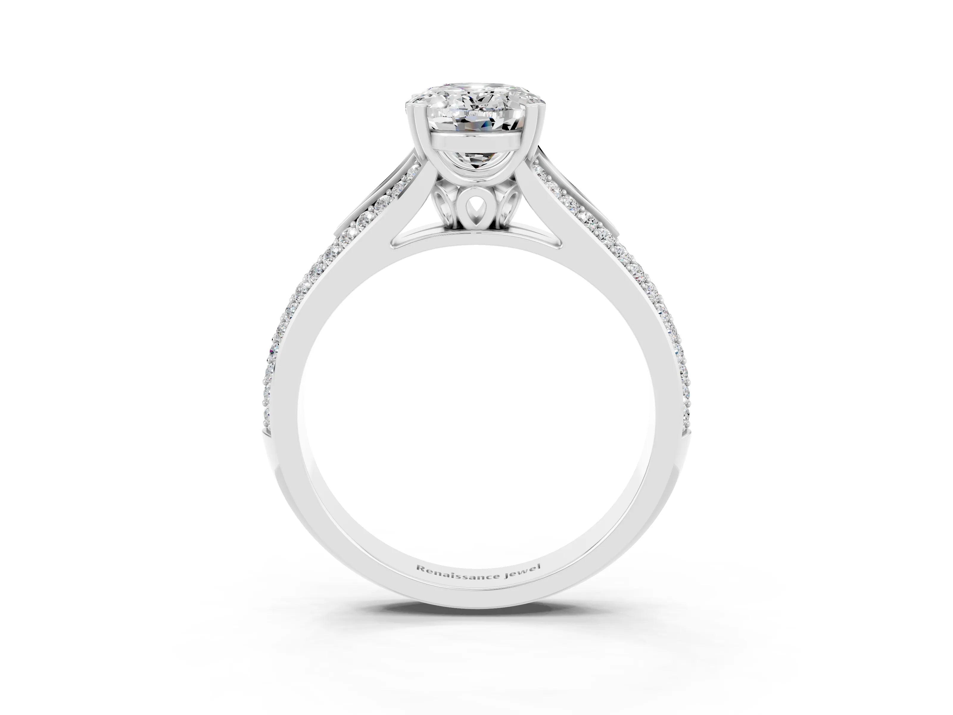White gold Oval Cut Moissanite Split Shank Engagement Ring with Pavé Band_3