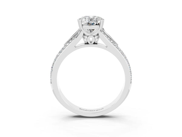 Platinum Oval Cut Moissanite Split Shank Engagement Ring with Pavé Band