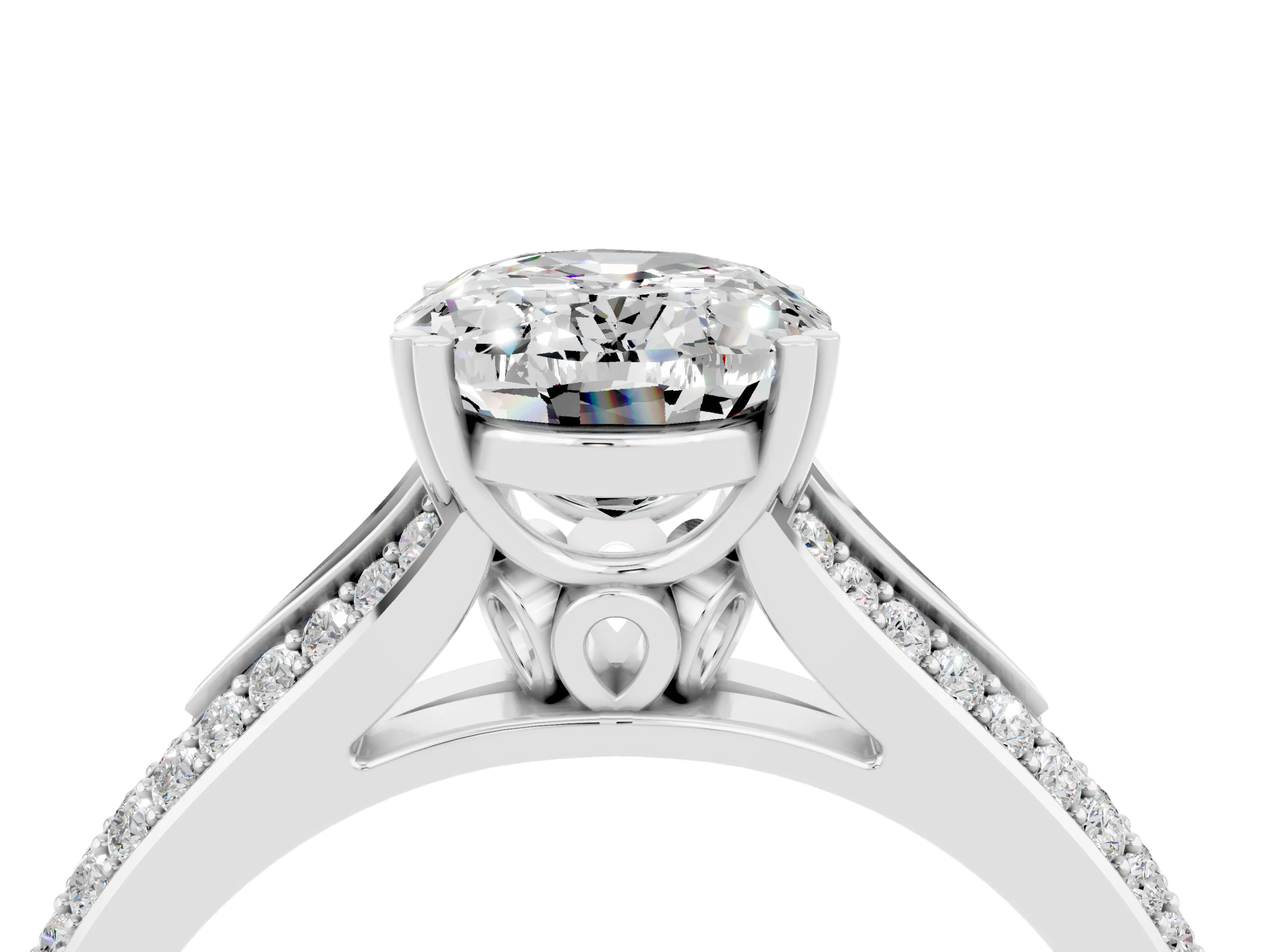 White gold Oval Cut Moissanite Split Shank Engagement Ring with Pavé Band_4