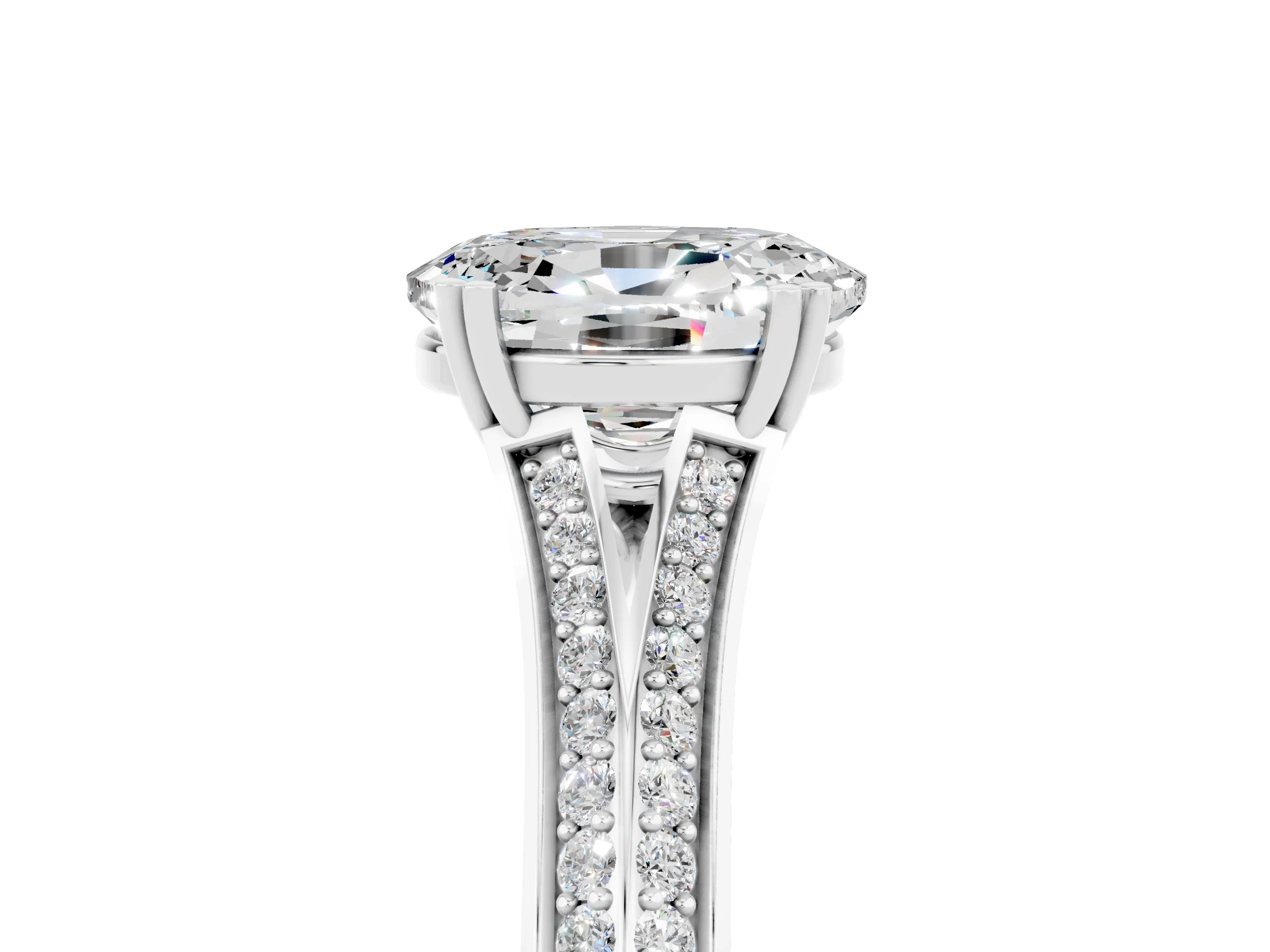 White gold Oval Cut Moissanite Split Shank Engagement Ring with Pavé Band_5