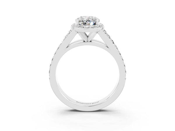 Platinum Oval Cut Moissanite Split Shank Halo Ring with Four-Prong Setting