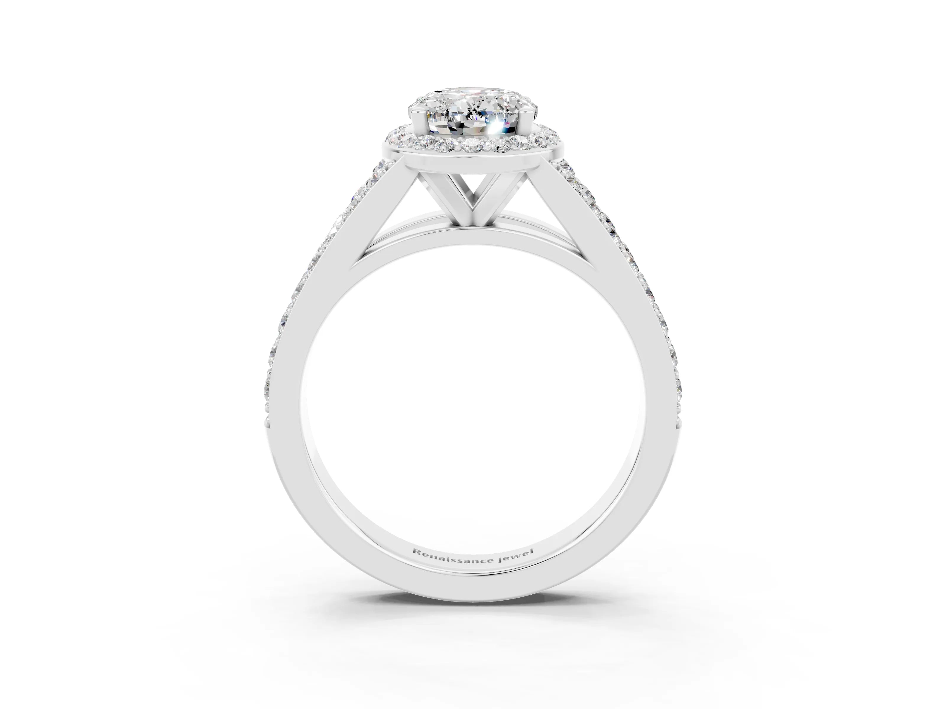 White gold Oval Cut Moissanite Split Shank Halo Ring with Four-Prong Setting_15