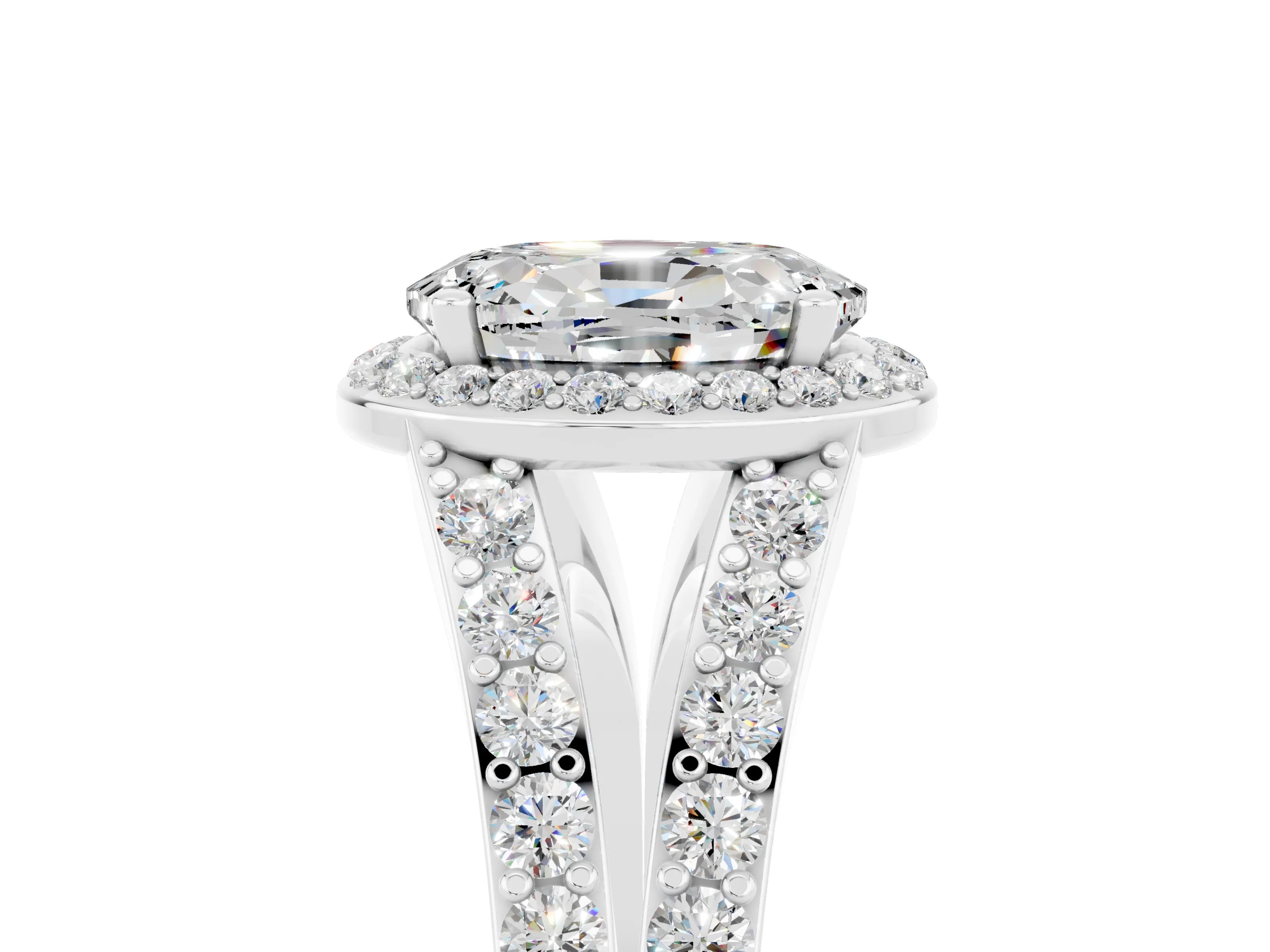 White gold Oval Cut Moissanite Split Shank Halo Ring with Four-Prong Setting_17