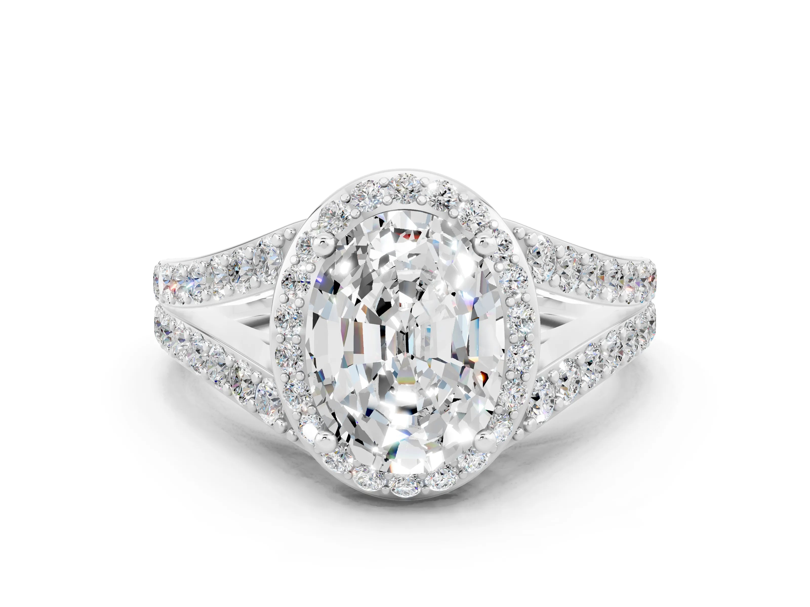 White gold Oval Cut Moissanite Split Shank Halo Ring with Four-Prong Setting_24