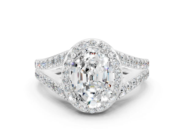 White gold Oval Cut Moissanite Split Shank Halo Ring with Four-Prong Setting