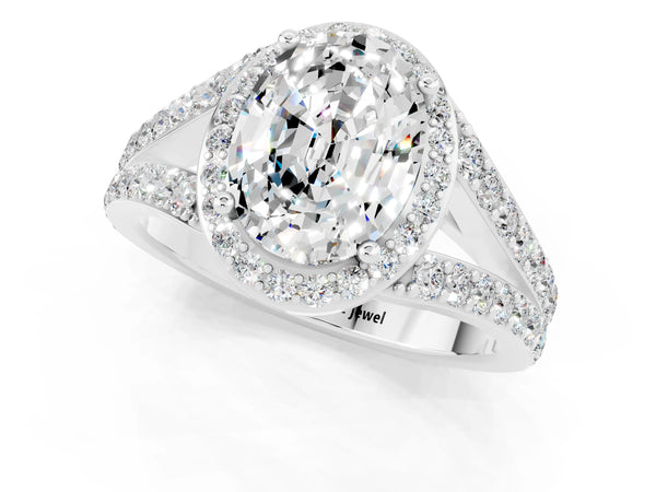 White gold Oval Cut Moissanite Split Shank Halo Ring with Four-Prong Setting
