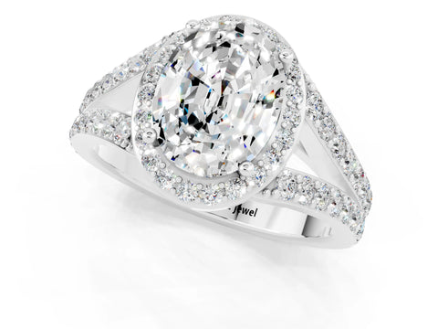 White gold Oval Cut Moissanite Split Shank Halo Ring with Four-Prong Setting_25