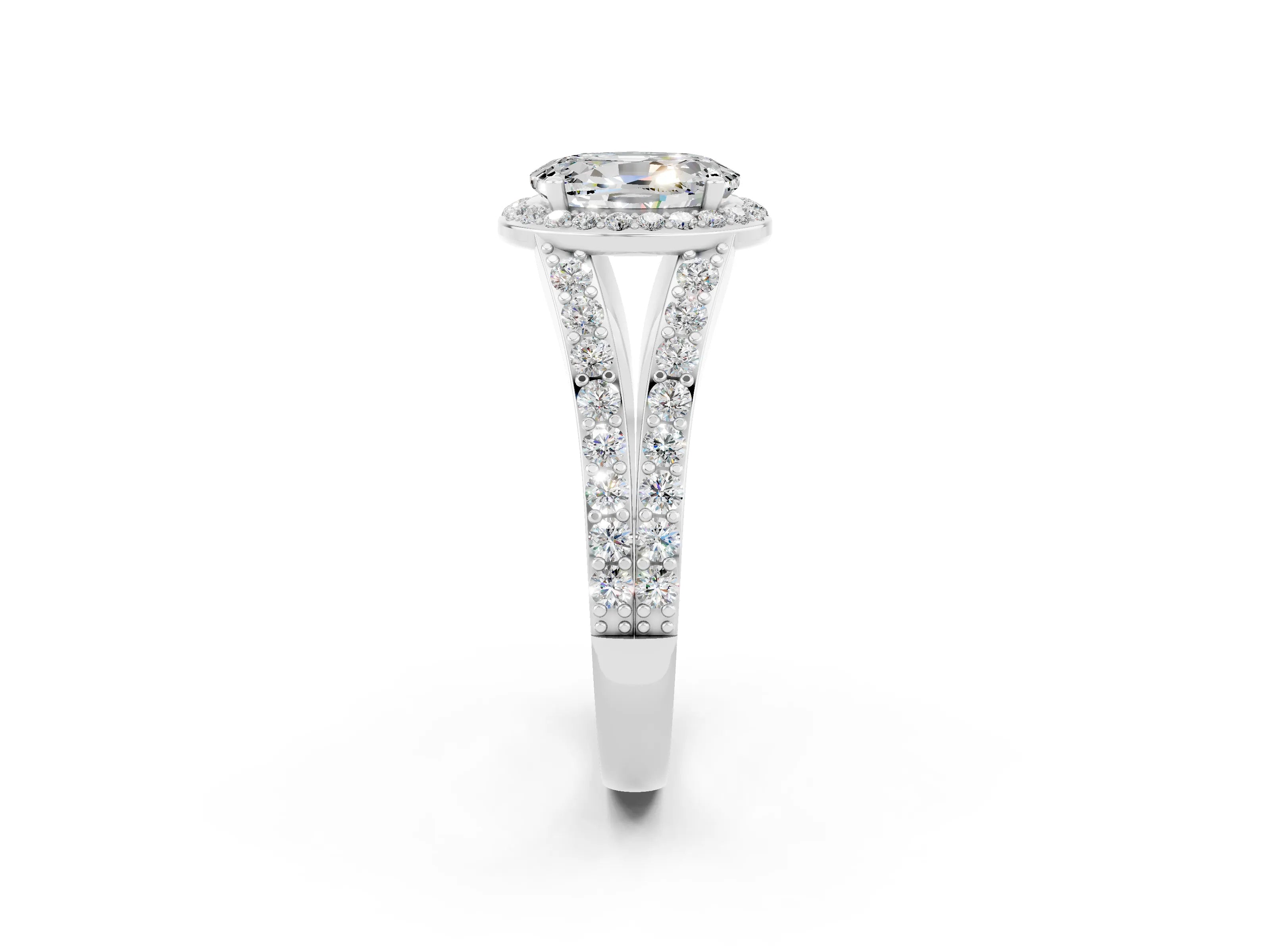 White gold Oval Cut Moissanite Split Shank Halo Ring with Four-Prong Setting_26