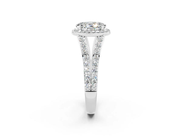 White gold Oval Cut Moissanite Split Shank Halo Ring with Four-Prong Setting