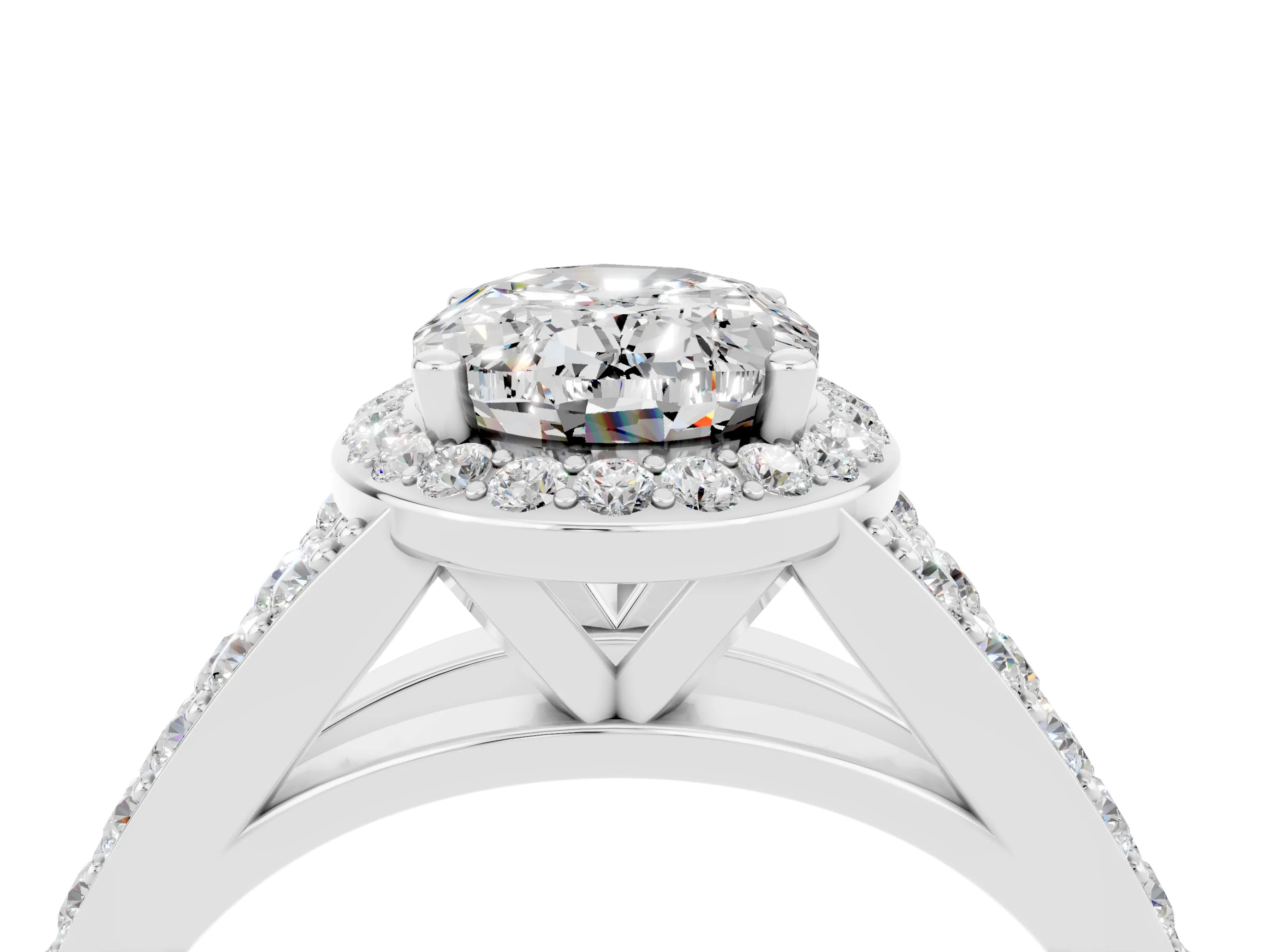White gold Oval Cut Moissanite Split Shank Halo Ring with Four-Prong Setting_28