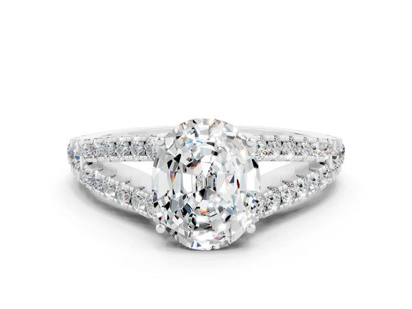 Platinum Oval Cut Moissanite Split Shank Pavé Engagement Ring with Four-Prong Setting