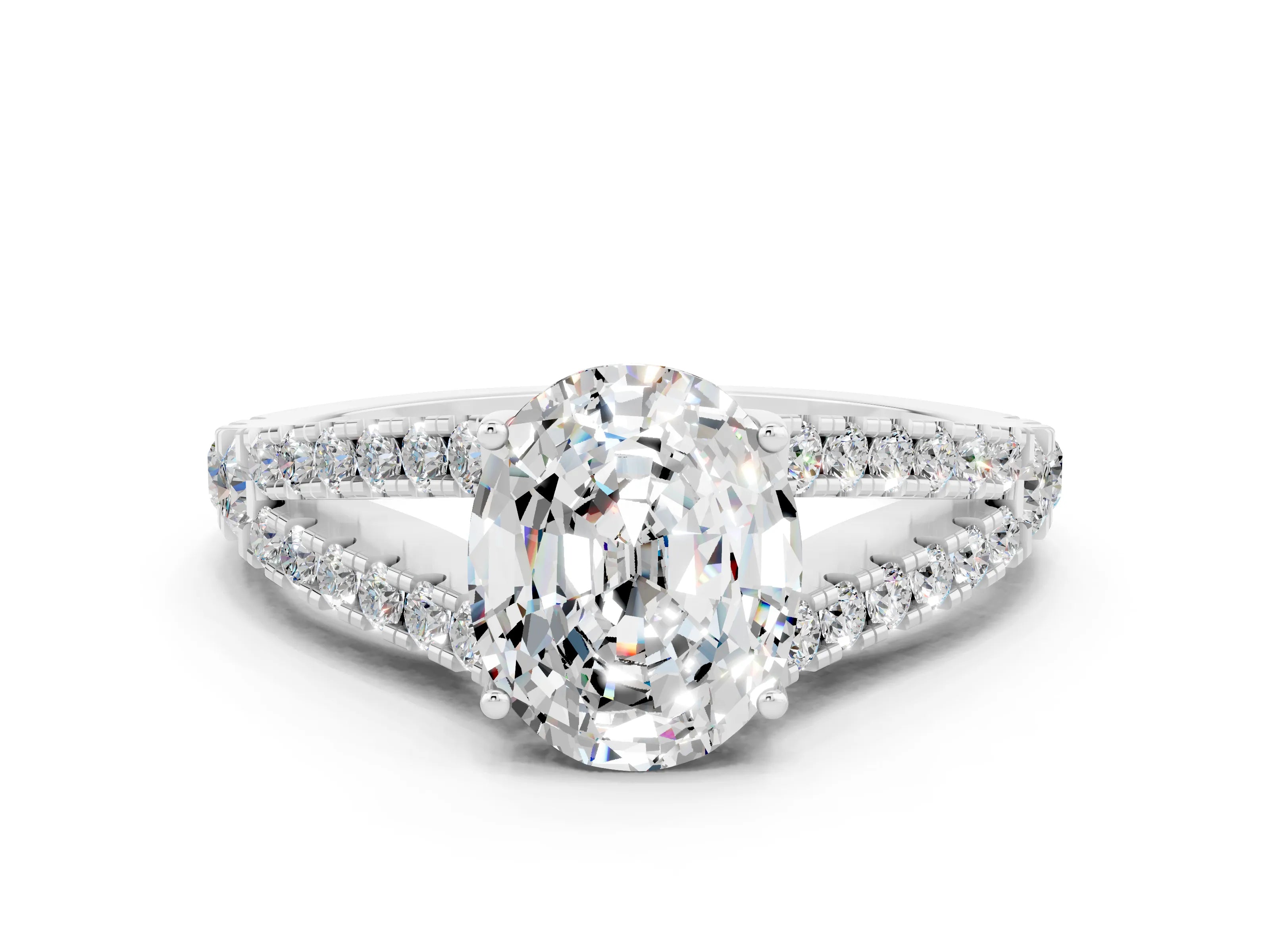 White gold Oval Cut Moissanite Split Shank Pavé Engagement Ring with Four-Prong Setting_12