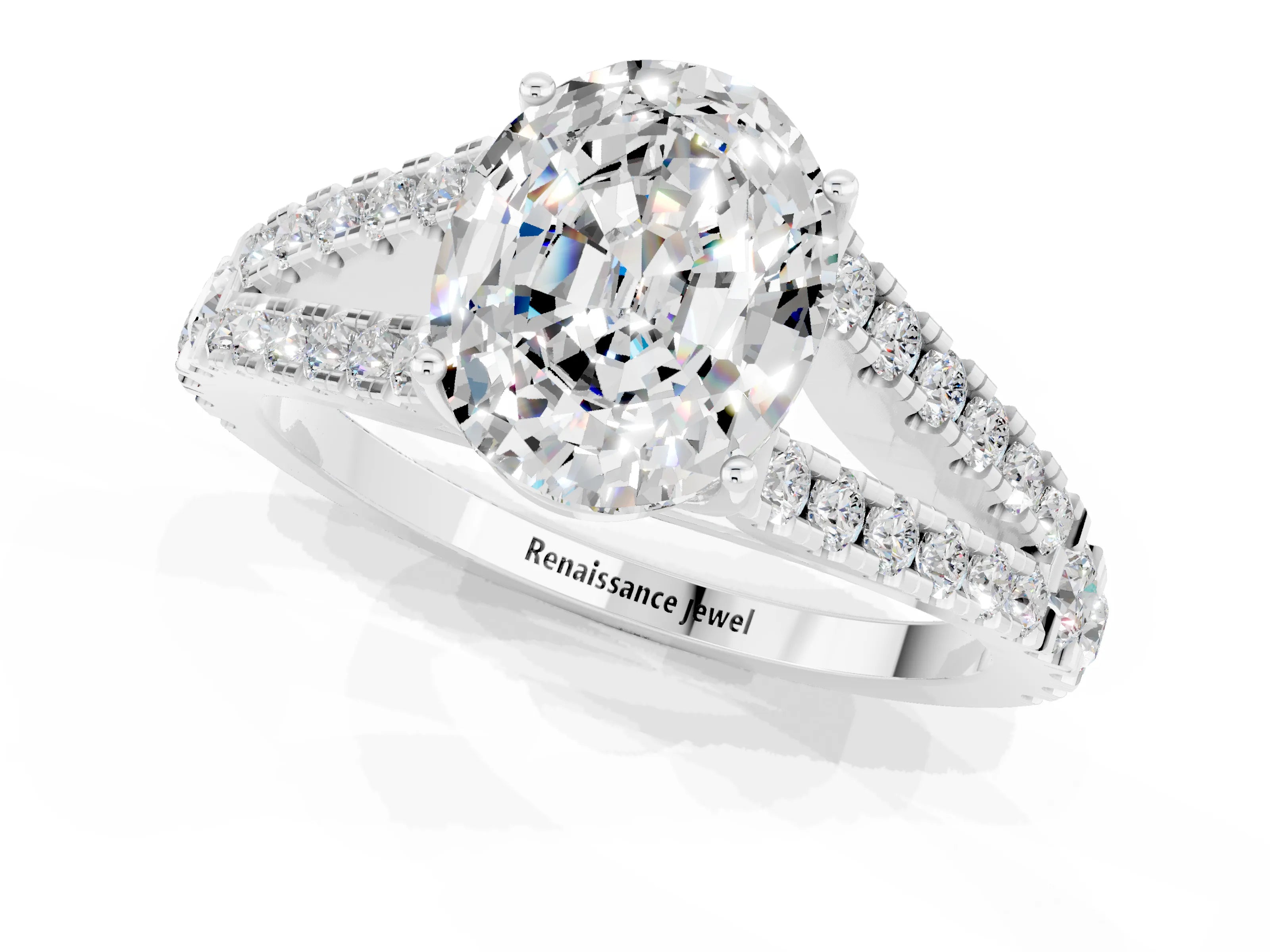 White gold Oval Cut Moissanite Split Shank Pavé Engagement Ring with Four-Prong Setting_13