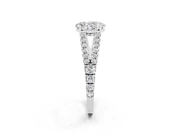 Platinum Oval Cut Moissanite Split Shank Pavé Engagement Ring with Four-Prong Setting