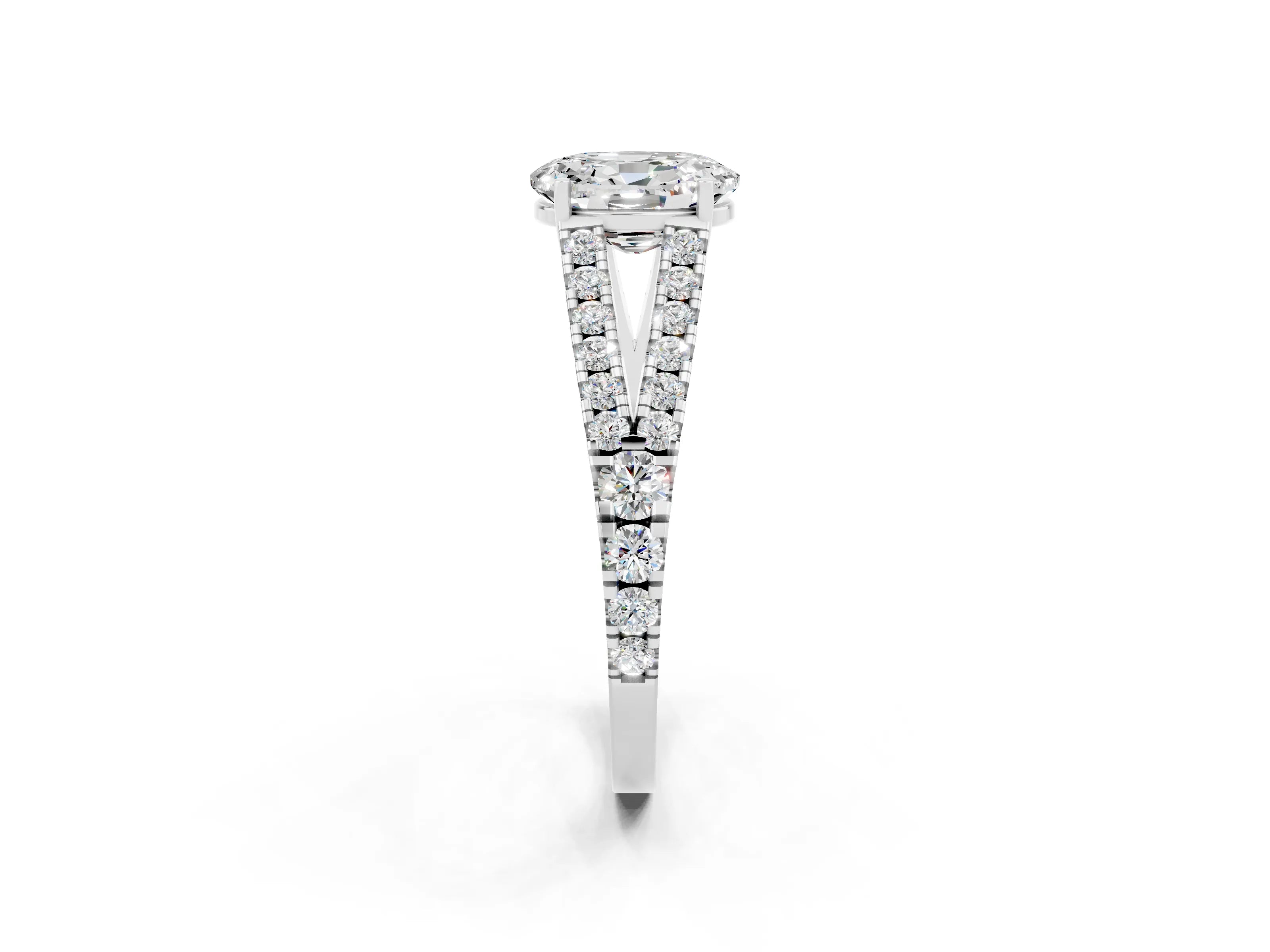 White gold Oval Cut Moissanite Split Shank Pavé Engagement Ring with Four-Prong Setting_14
