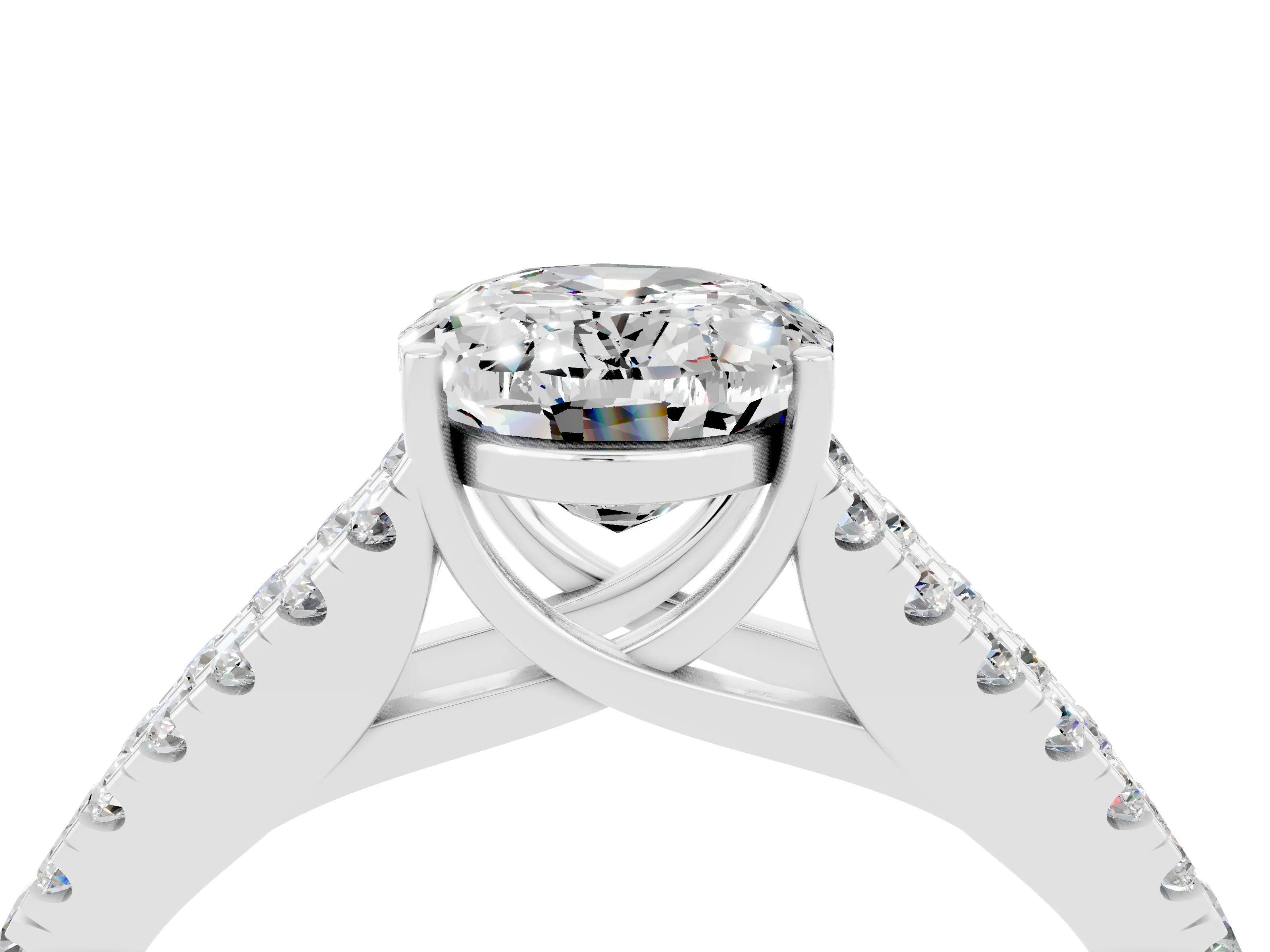 White gold Oval Cut Moissanite Split Shank Pavé Engagement Ring with Four-Prong Setting_16