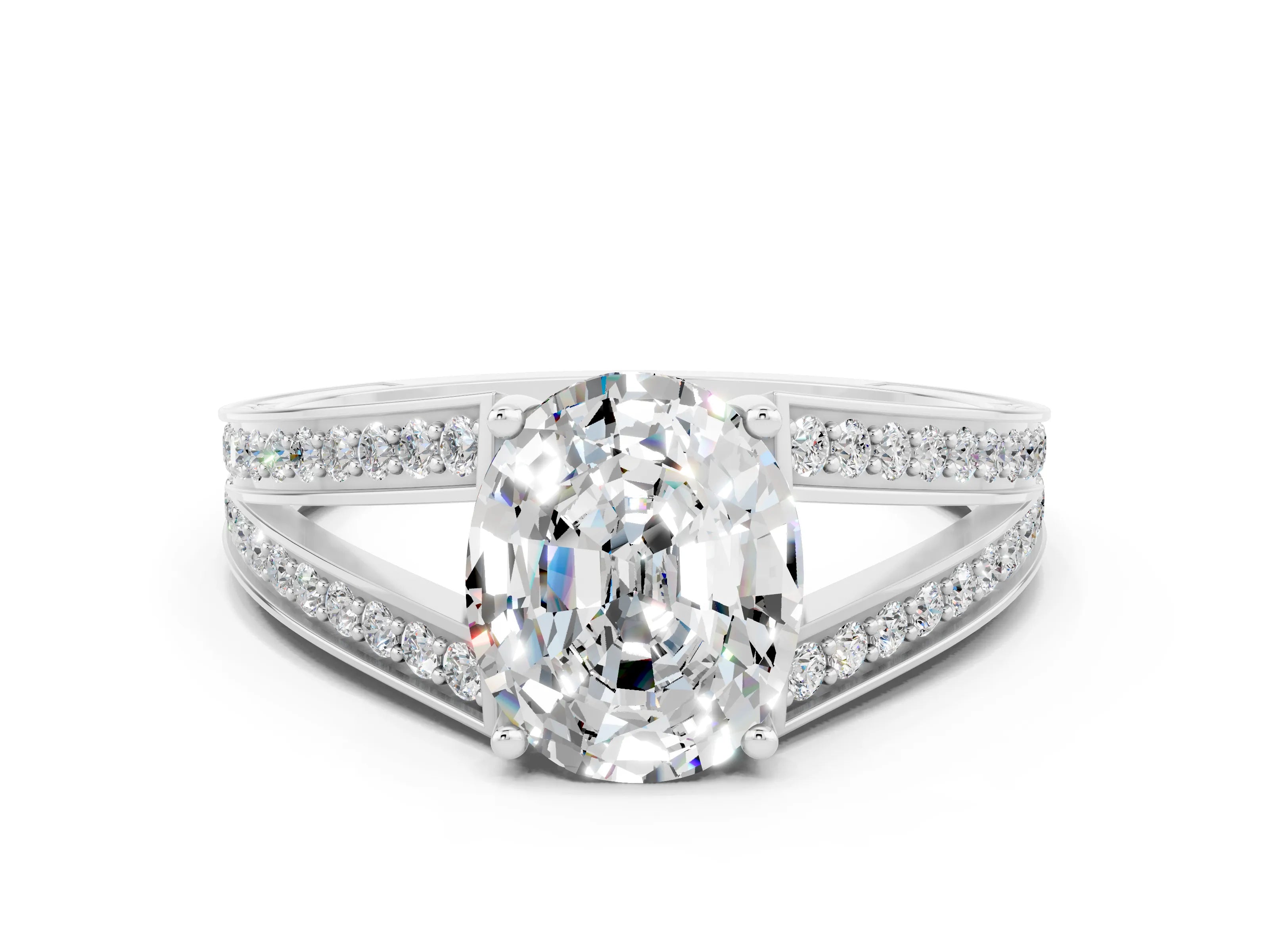 White gold Oval Cut Moissanite Split Shank Ring with Pavé Band and Four-Prong Setting
