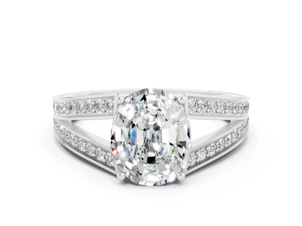 White gold Oval Cut Moissanite Split Shank Ring with Pavé Band and Four-Prong Setting